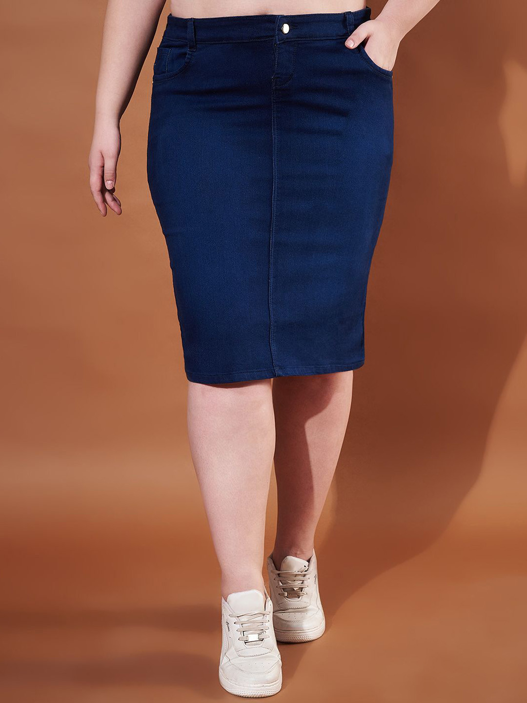 Purple Feather Plus Size Denim Pencil Midi Skirt