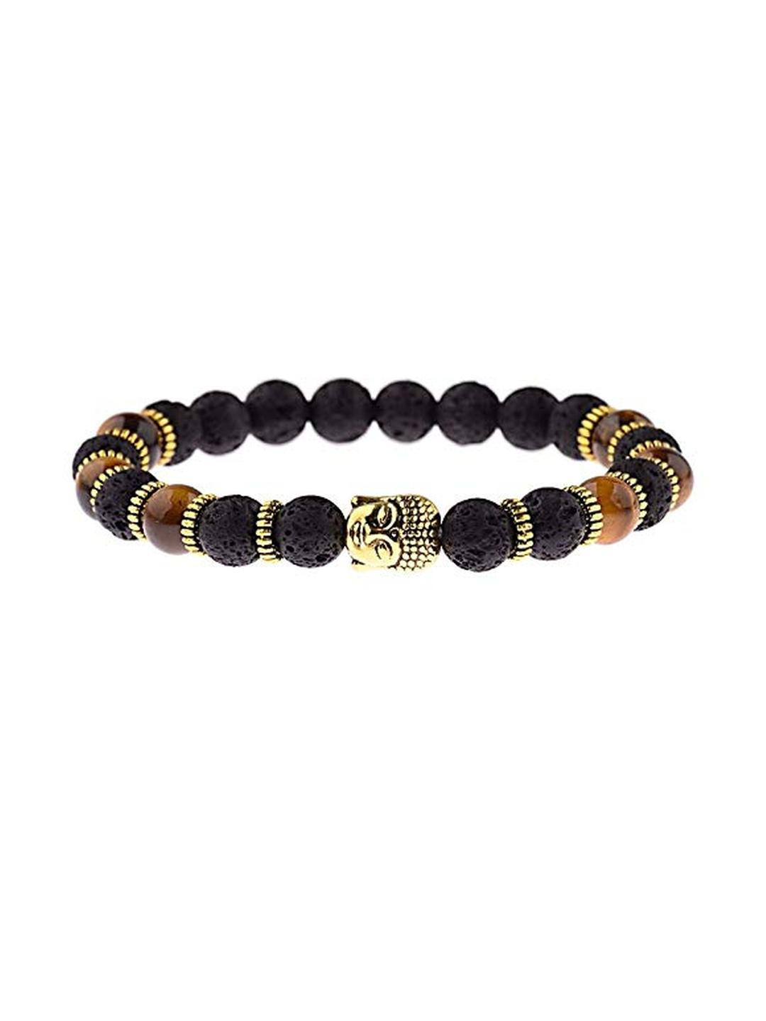 EDMIRIA Unisex Black & Gold Buddha Charm Wood Elasticated Slip-On Bracelet