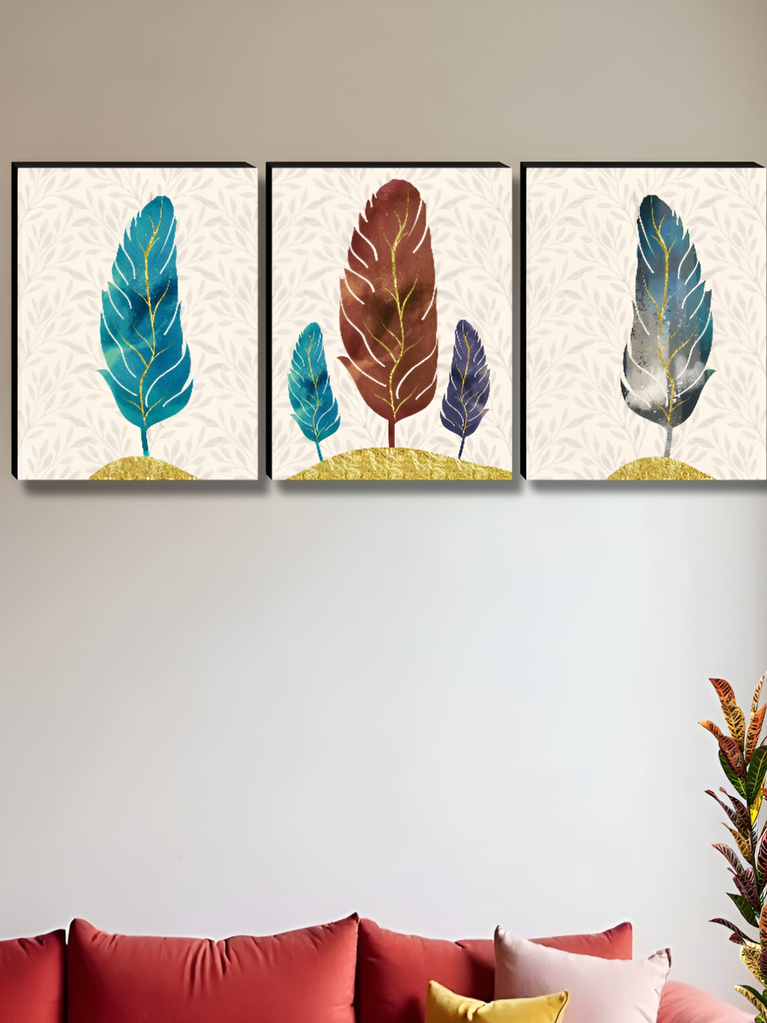 Livin'luxe Beige & Blue 3 Pieces Modern Leaf Pattern Wall Arts