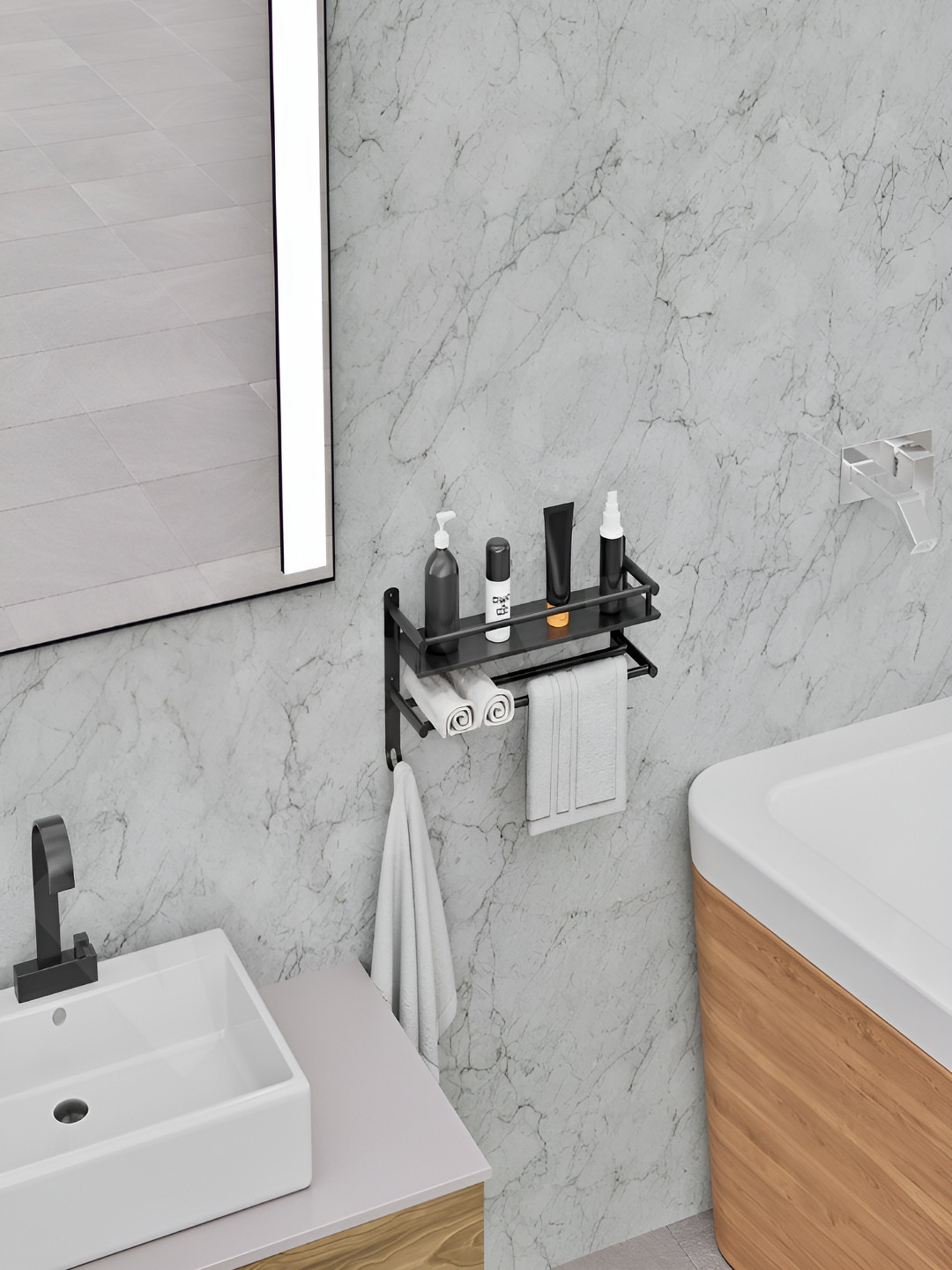 Well Set Black Stainless Steel Wall-Mounted Bathroom Shelf with Towel Rod & Hooks