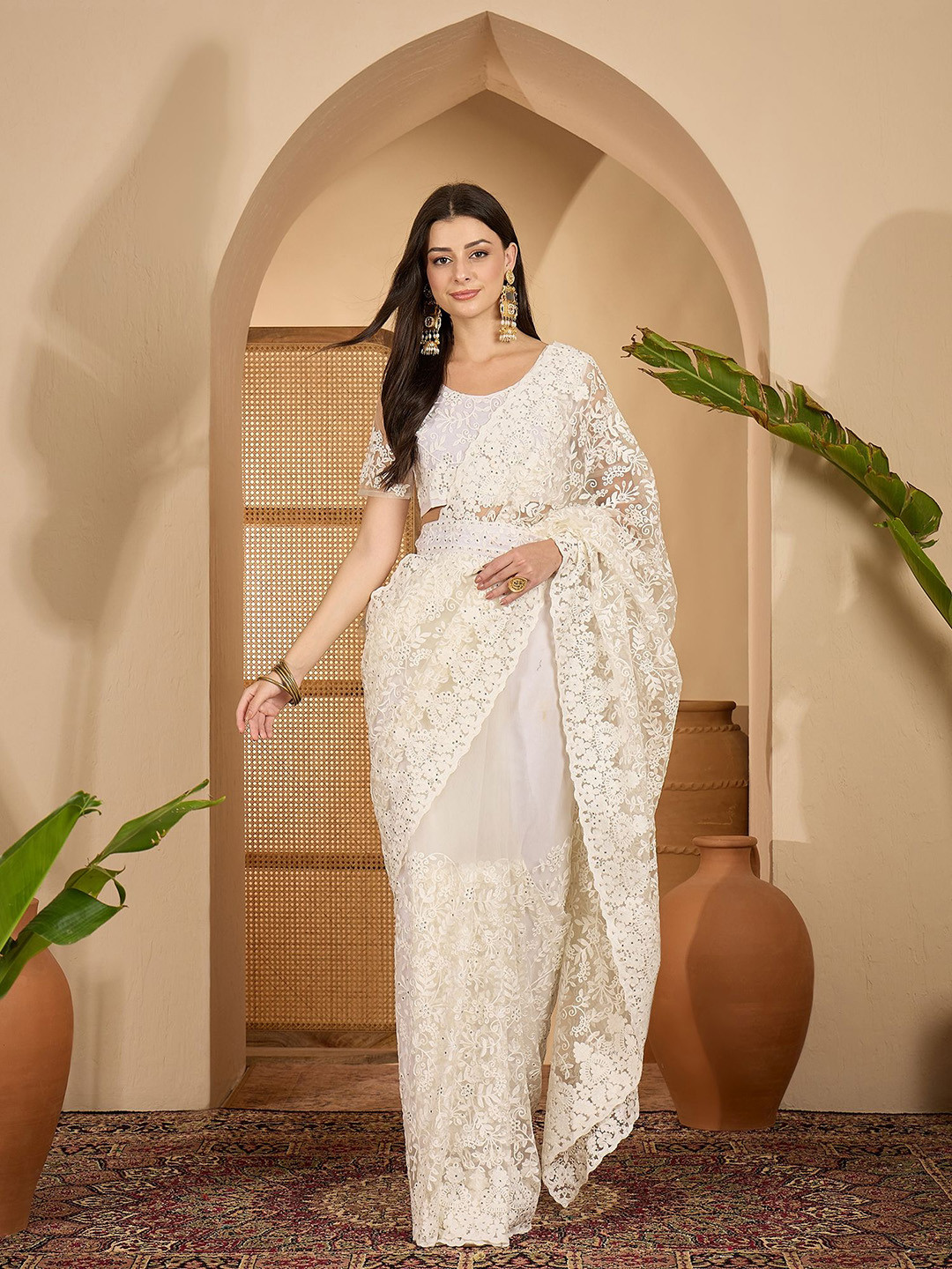 SHADOW & SAINING Embellished Embroidered Net Fusion Saree