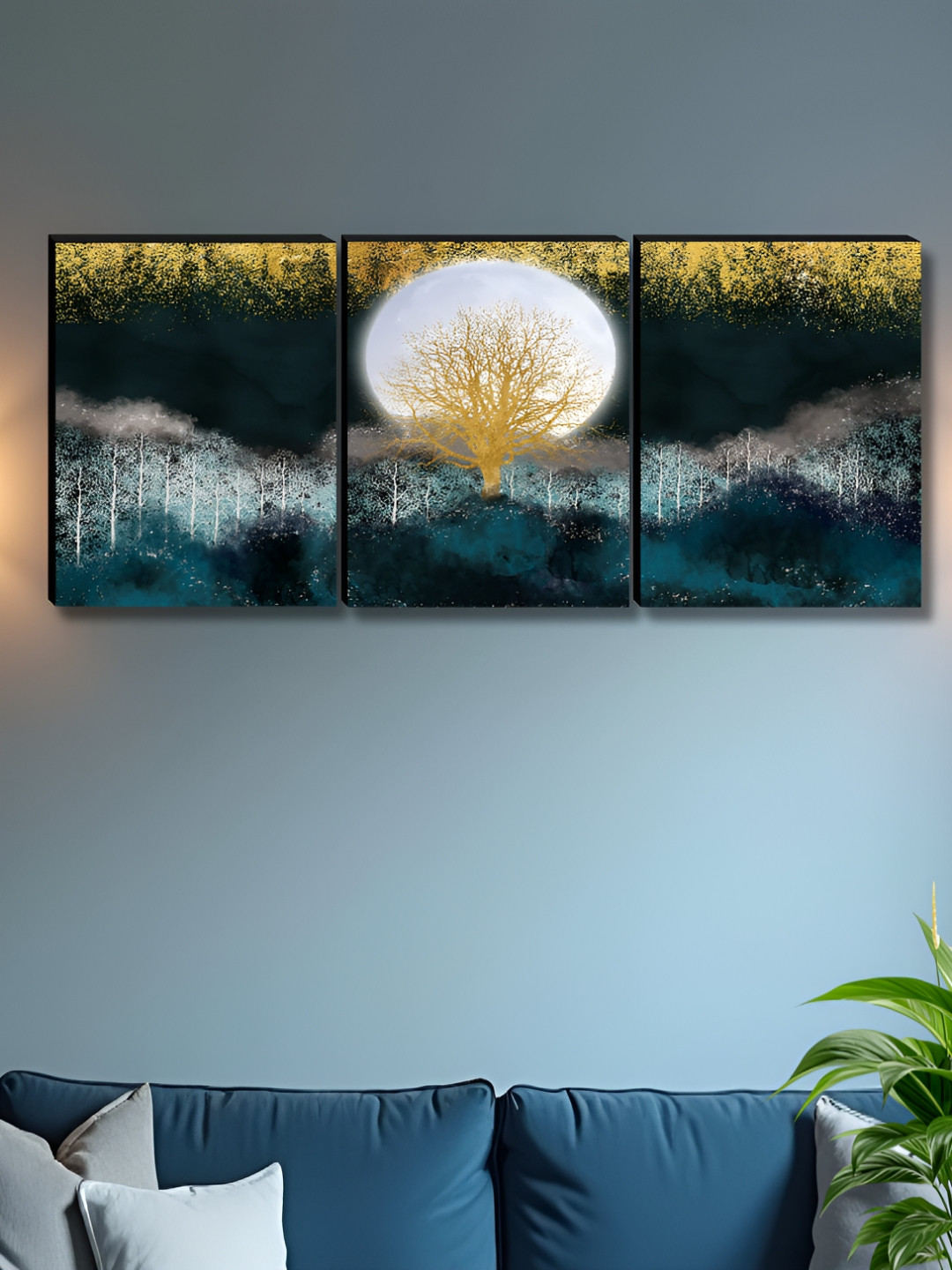 Livin'luxe Teal & Gold-Toned 3 Pieces Tree & Moon Night Forest Wall Arts