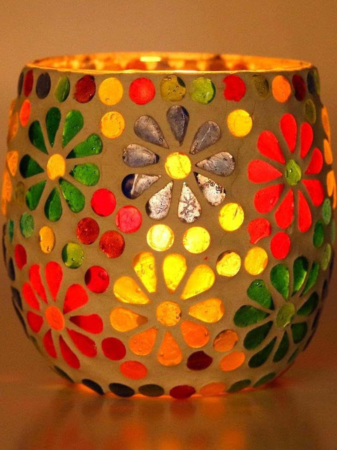 Somil Vibrant Multicolor Glass Candle Holder  Add A Touch Of Magic To Diwali, Parties & Candlelight Dinners, Size-8.5 X 8.5 X 8.5  Cm Pack OF 1