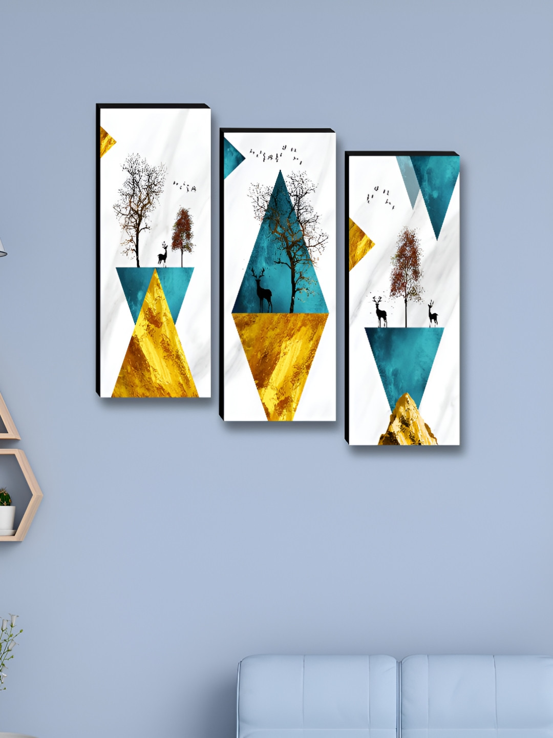 Livin'luxe White & Gold-Toned 3 Pieces Geometric Deer Landscape Wall Arts