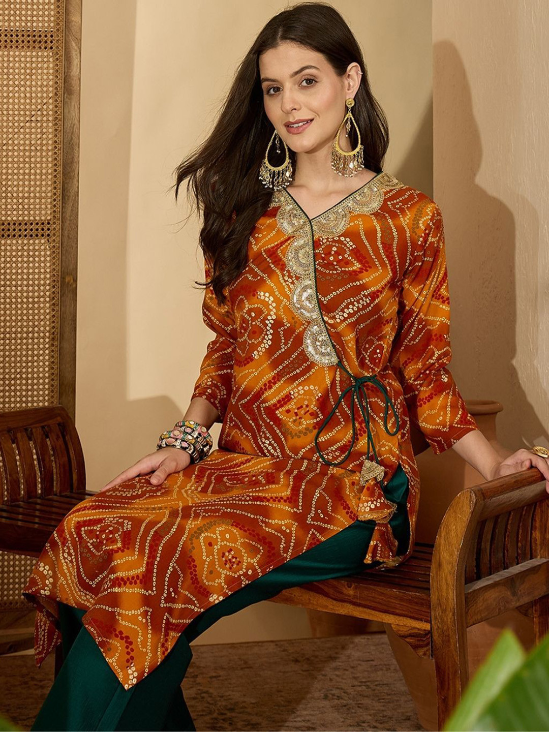 Sangria Women Bandhani Printed With Embroidered Angrakha Knot Straight Kurta