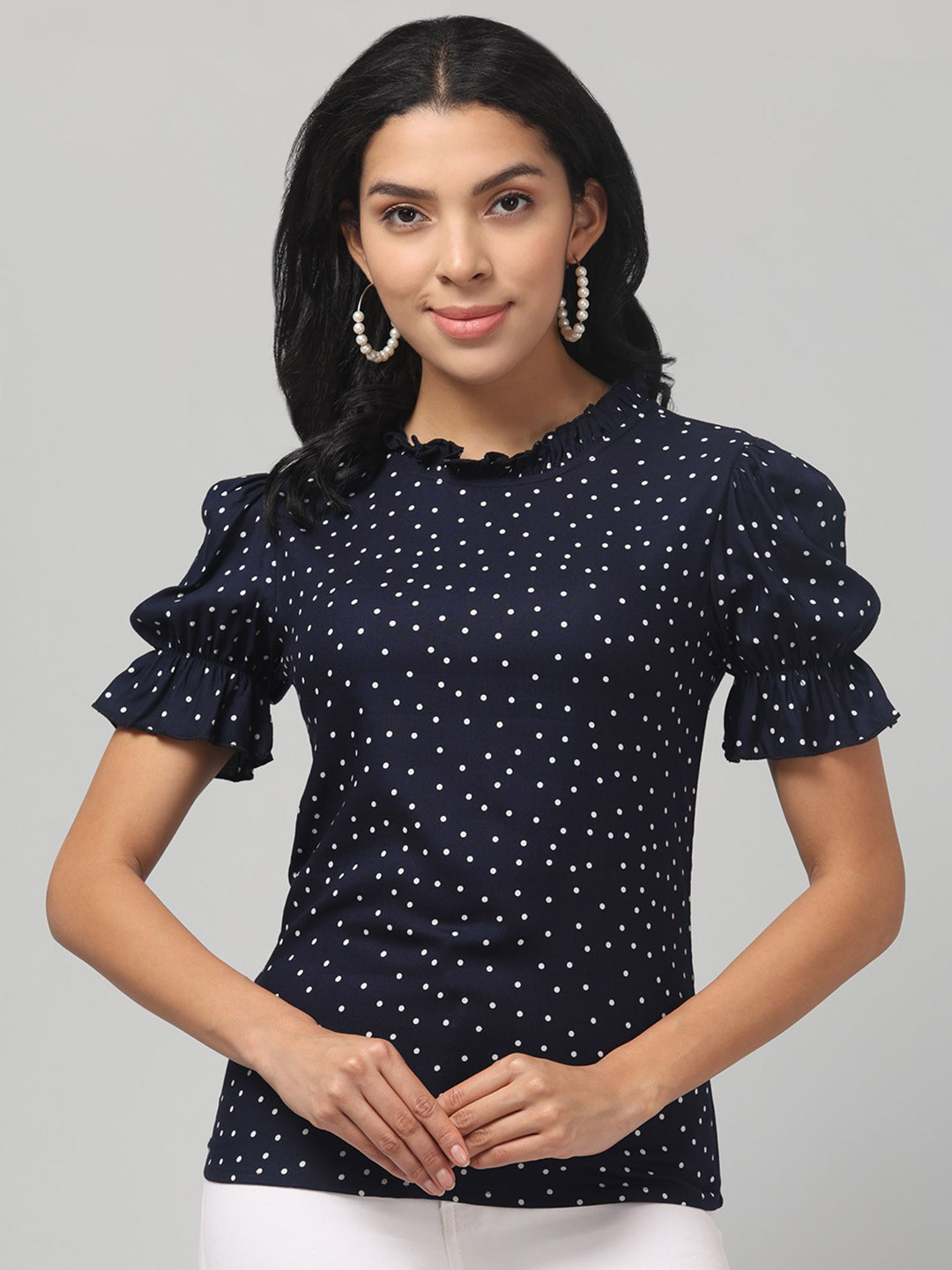 Zuvino Women Polka Dot Print Mandarin Collar Puff Sleeve Ruffles Blouson Longline Top