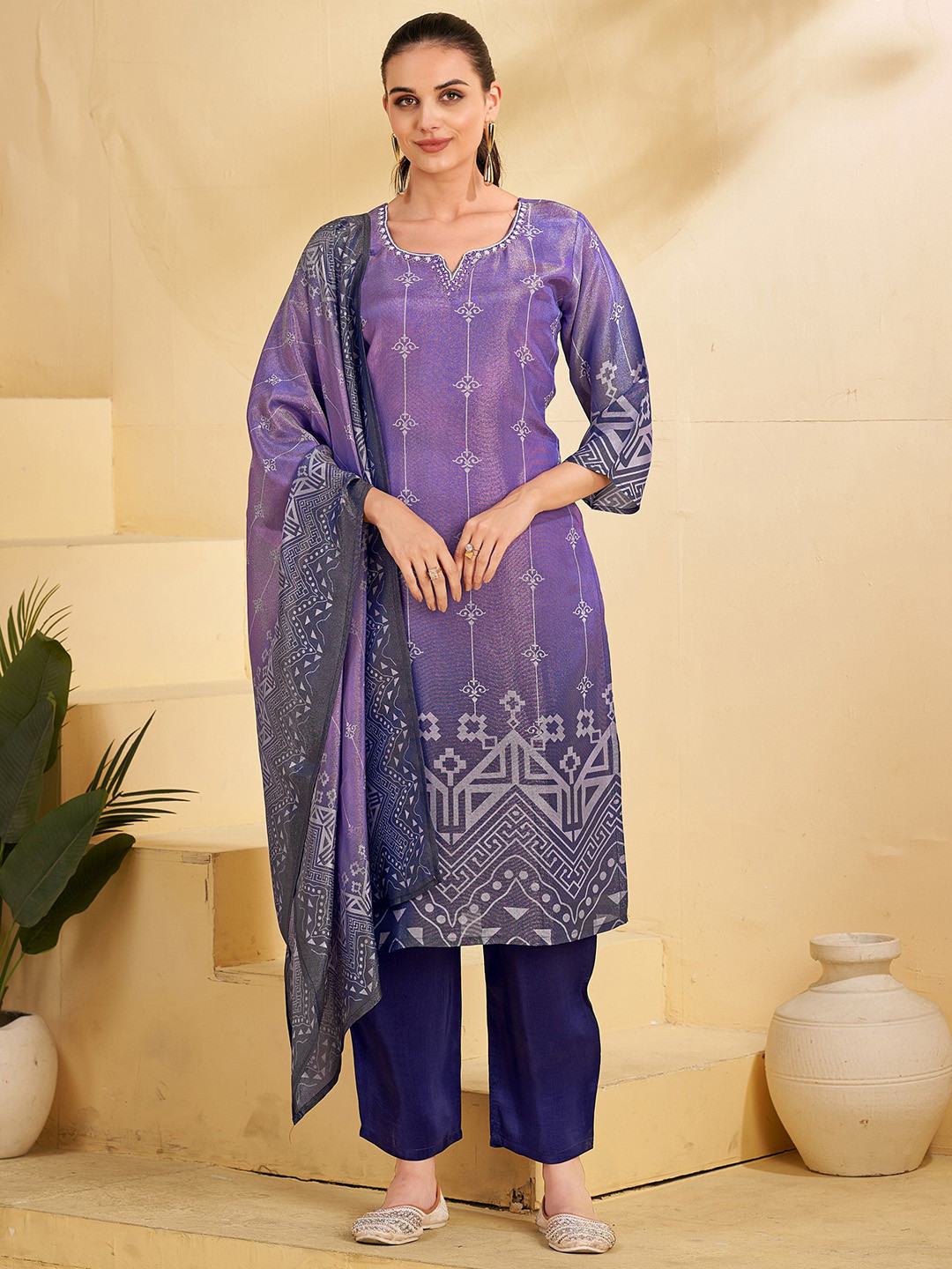 AVITRA Geometric Printed Notch Neck Beads And Stones Kurta With Trousers & Dupatta