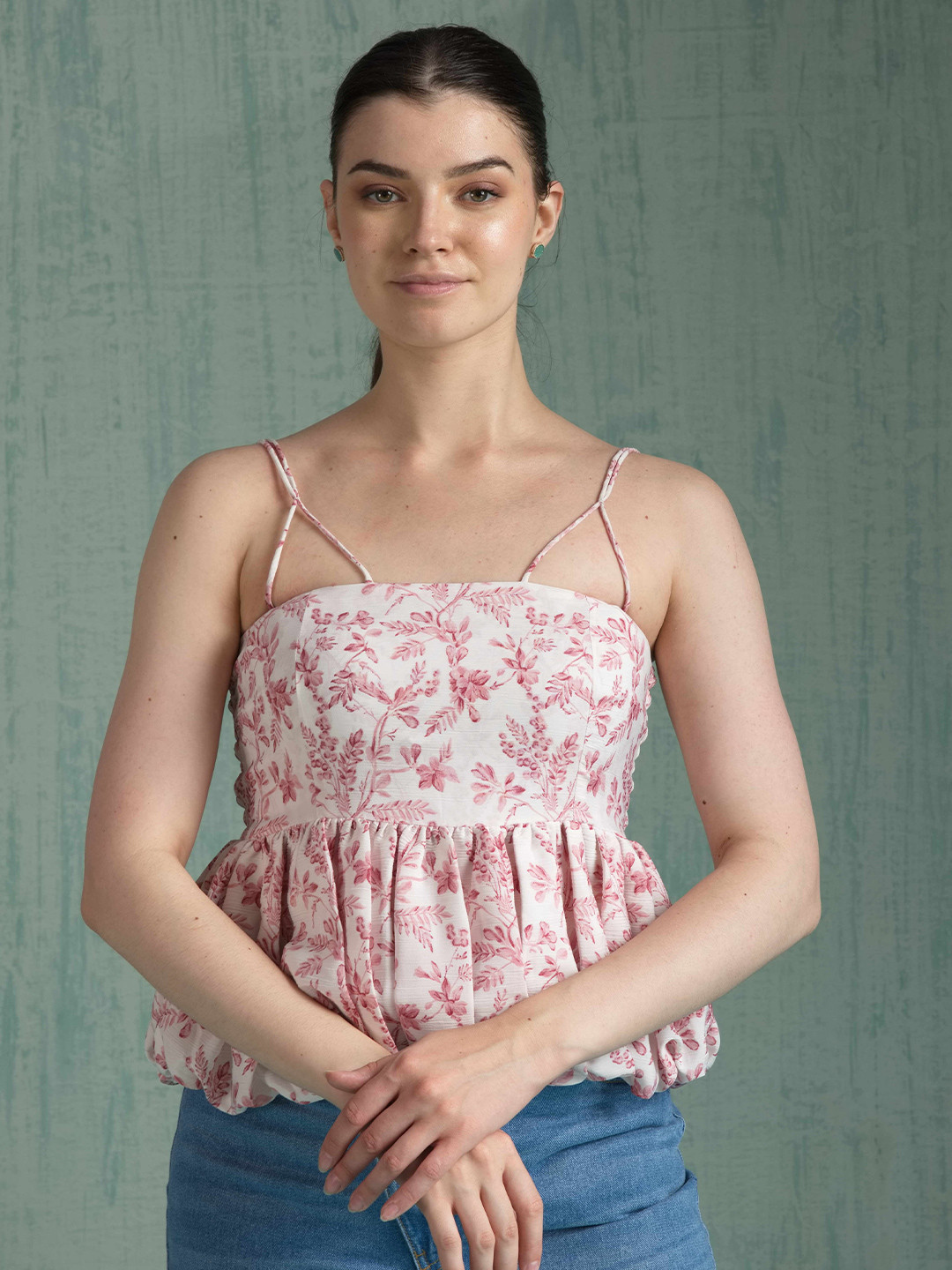 HOUSE OF MIRA Floral Printed Bubble Hem Empire Top