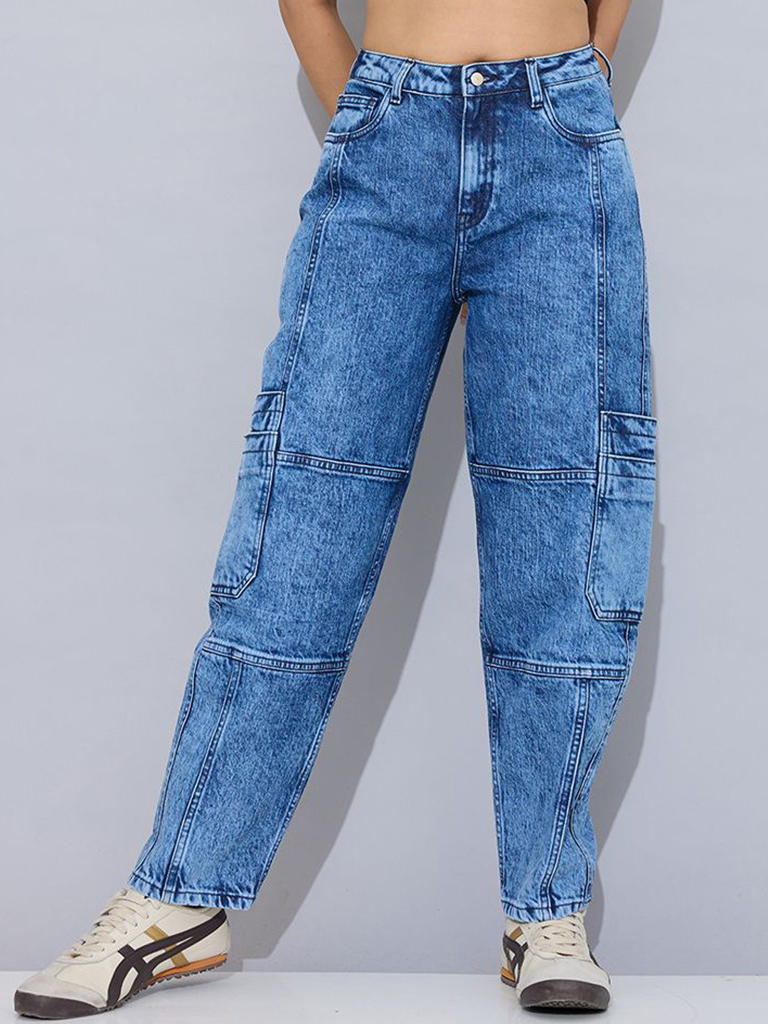 STORMY JEANS Women Relaxed Fit High-Rise Acid Wash Cargo Jeans
