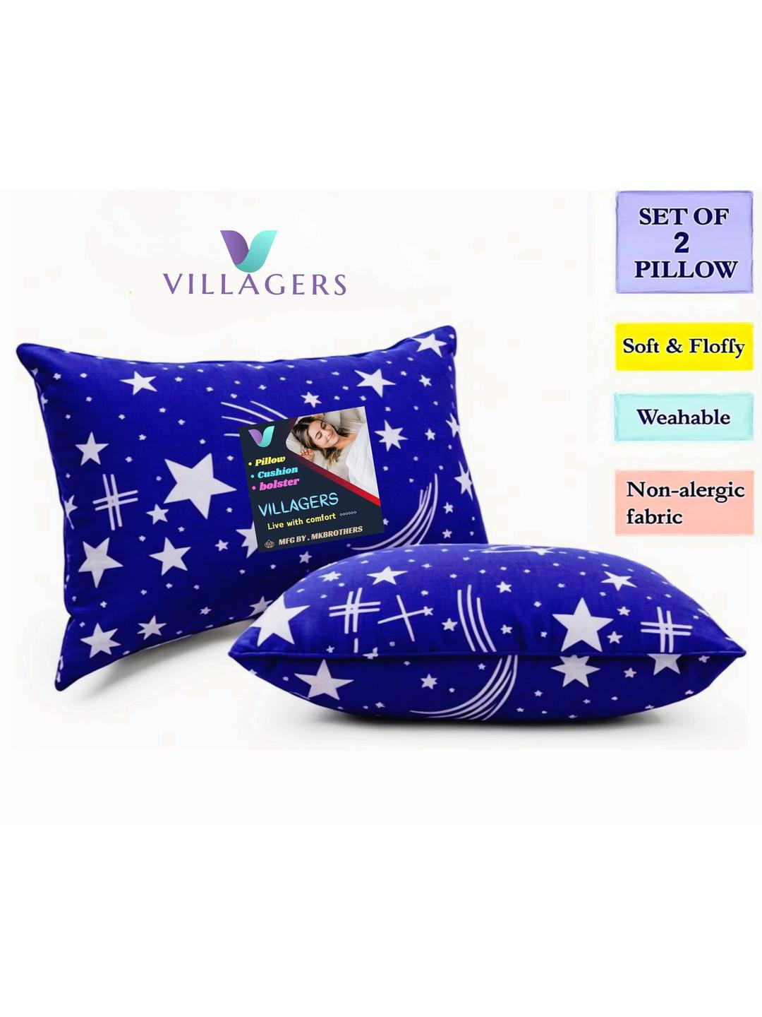 VILLAGERS Set of 2 Blue Printed Comfort Rectangular Pillows