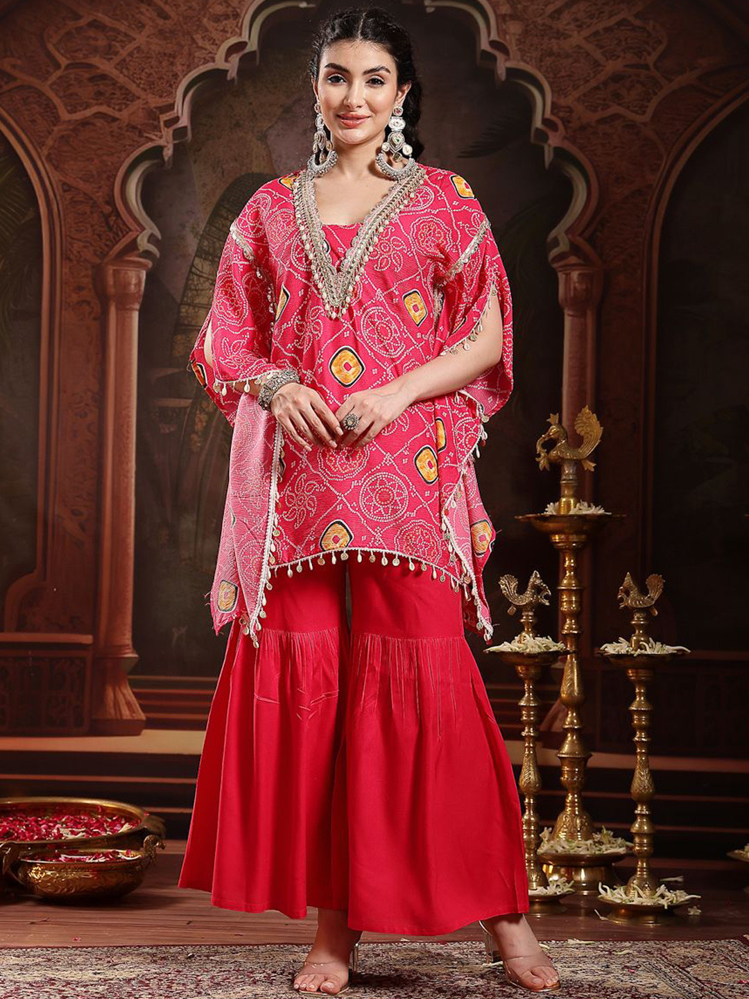 Stylum Bandhani Printed V-Neck Beads And Stones Kaftan Kurta With Sharara