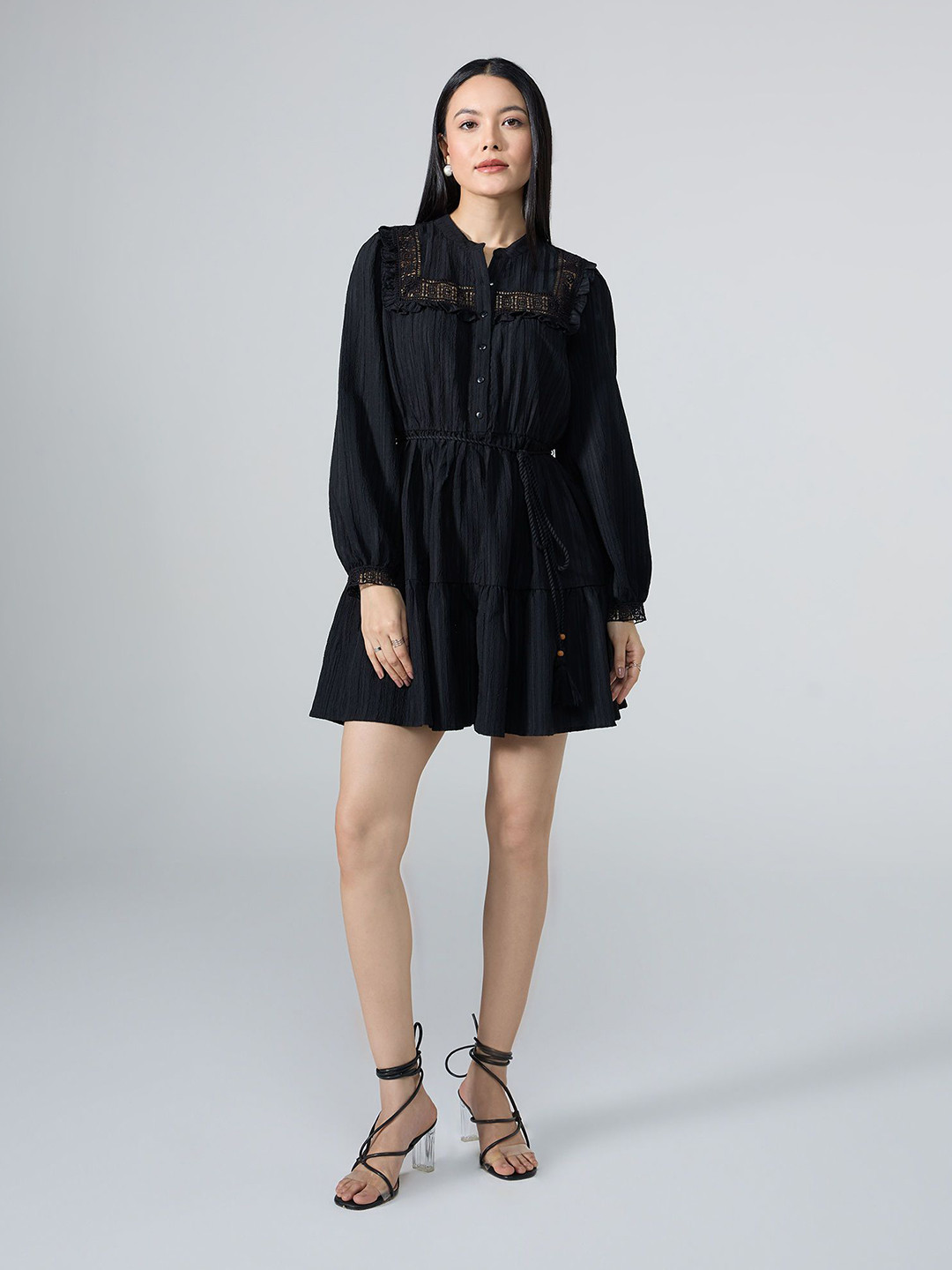20Dresses Women Mandarin Collar Fit & Flare Dress With Ruffles Details