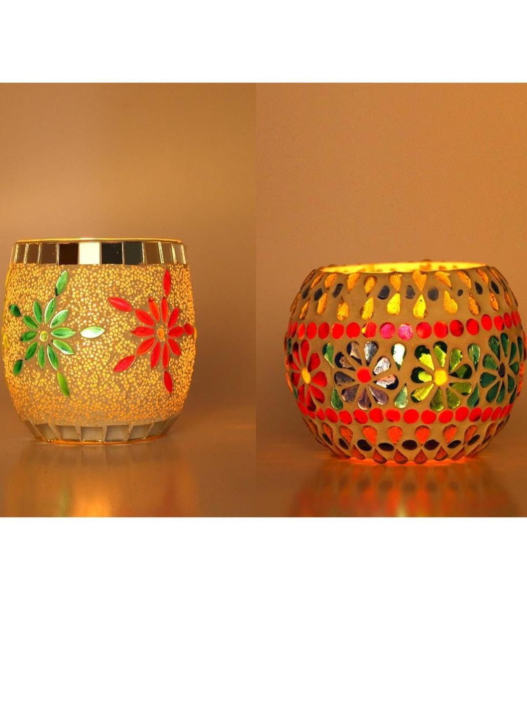 Somil Vibrant Multicolor Glass Candle Holder  Add A Touch Of Magic To Diwali, Parties & Candlelight Dinners, Size-8.5 X 8.5 X 9  Cm , 11 X 11 X 8  Cm Pack OF 2