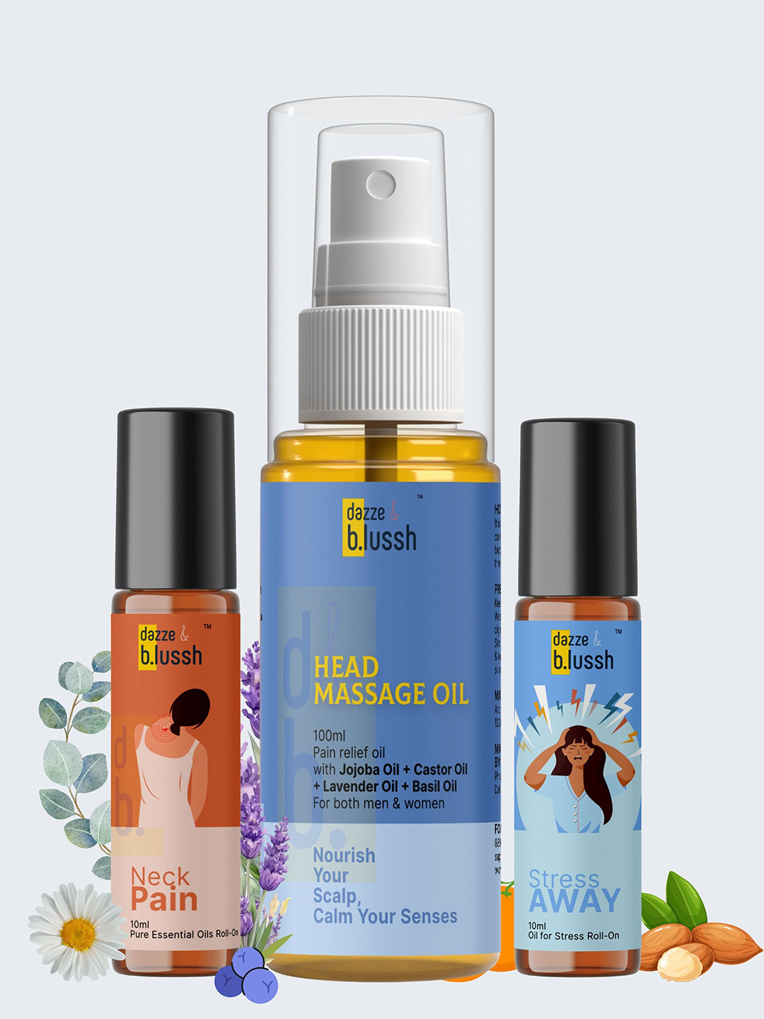 Dazze and blussh 3 Pcs Stress Relief Neck Pain Head Massage Oil Kit - 10ml Each