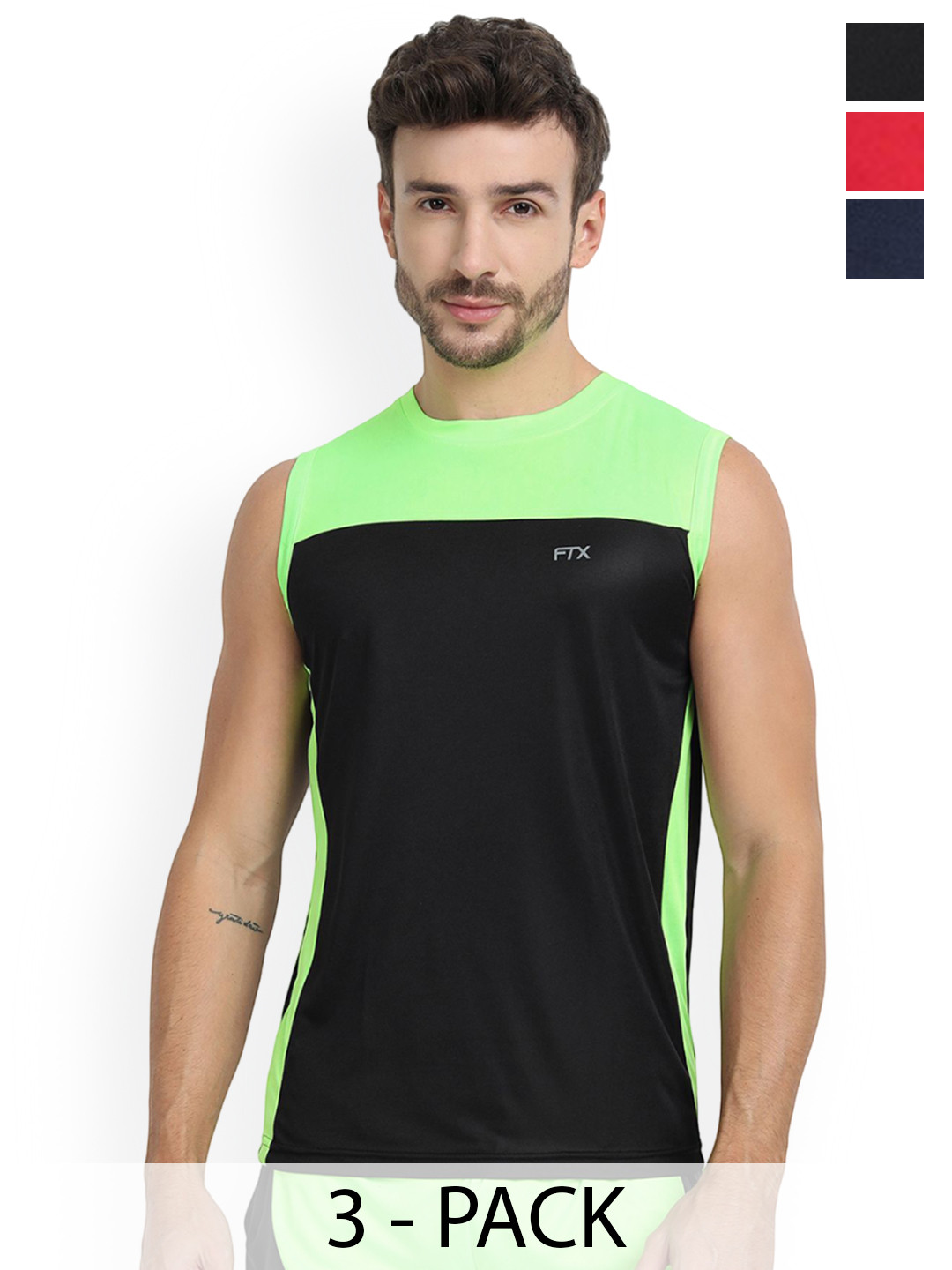 FTX Pack Of 3 Colourblocked Dry-Fit Round Neck Gym Vests 709-3_709-6_709-10-S