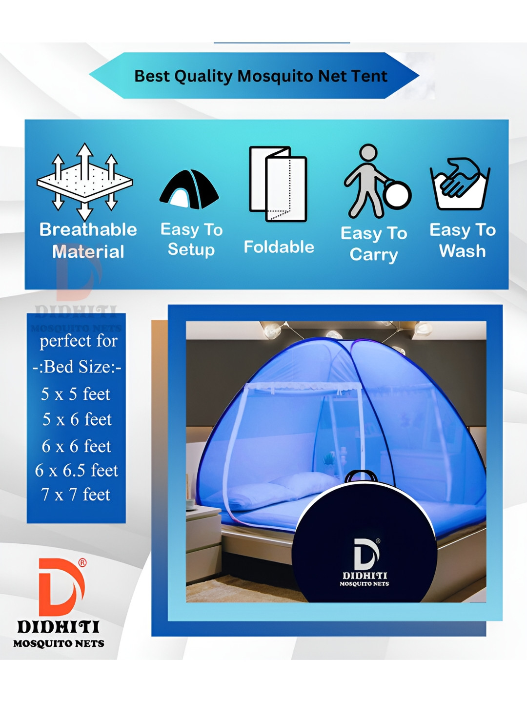didhiti Royal Blue Queen Bed Foldable Tent Mosquito Net