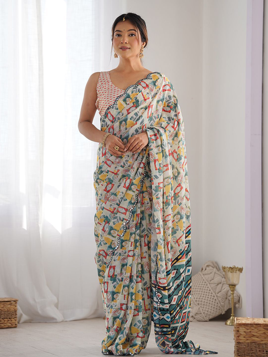 KALINI Tropical Printed Mirror Work Chinon Saree With Blouse Piece