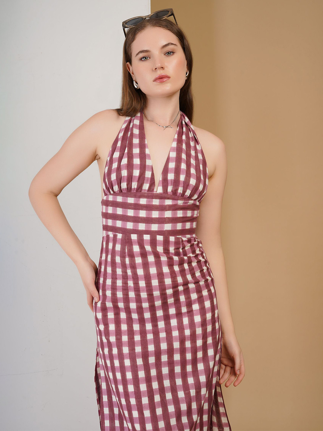 Raeth Apparels Berlin Checked Halter Neck Cotton Maxi Dress
