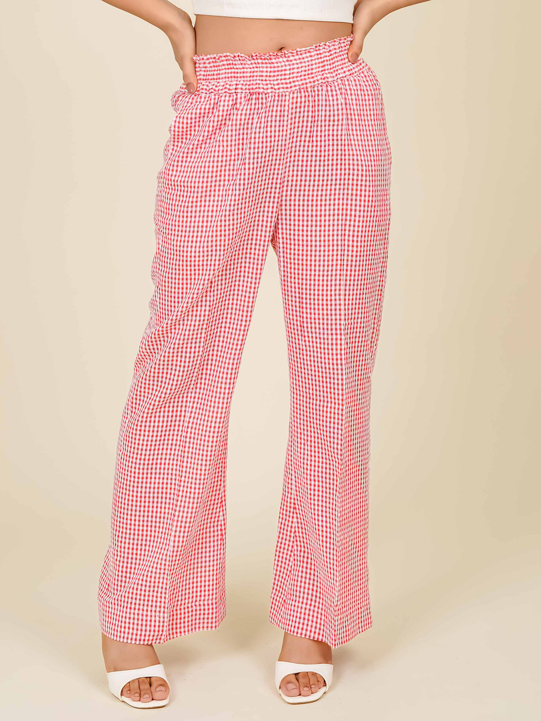 MONOMEE Women Checked Wide Leg High-Rise Cotton Parallel Trousers