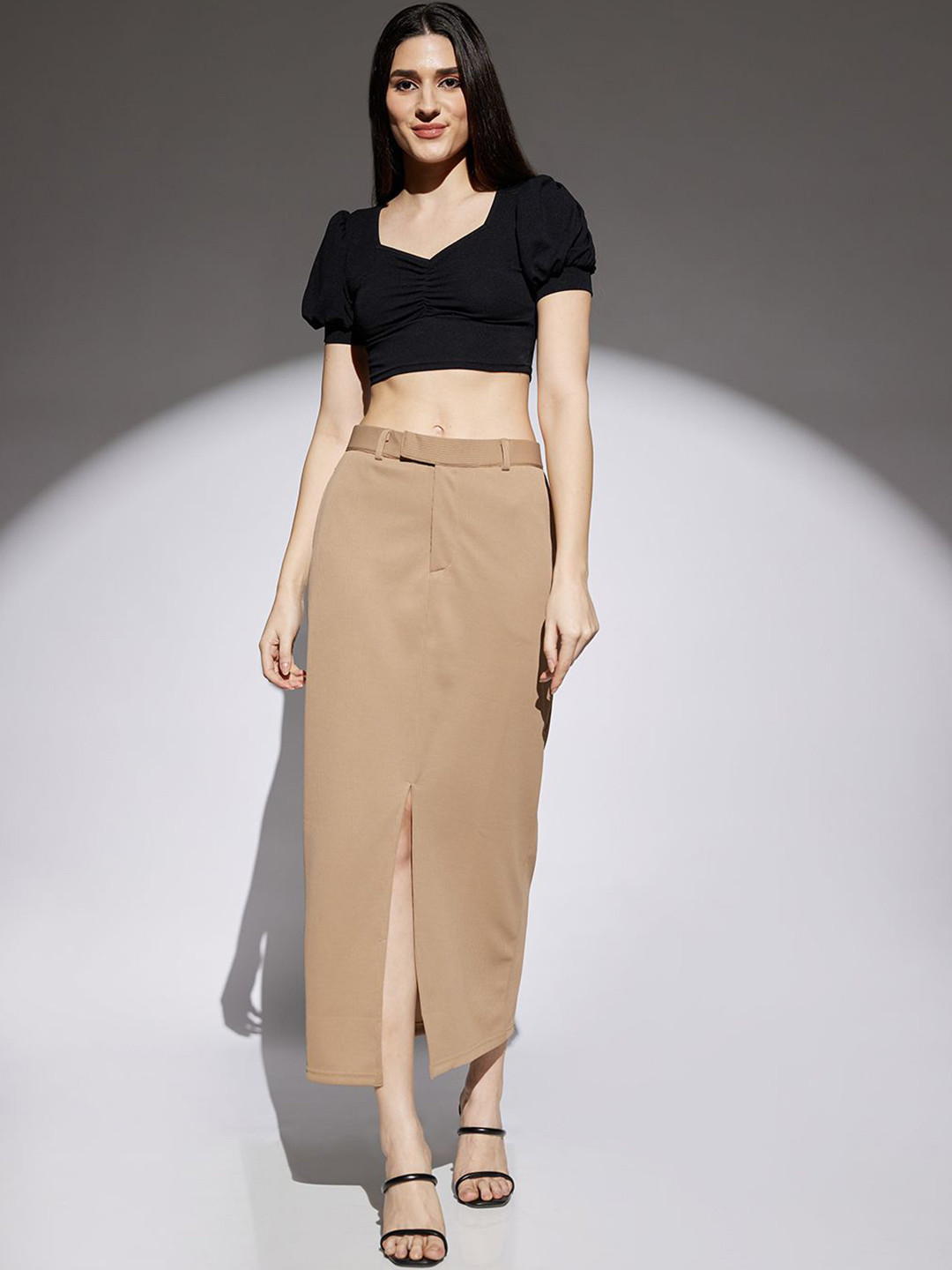 Globus Self Design Mid Rise Front Slit Side Pockets Belt Loops Pencil Midi Skirt