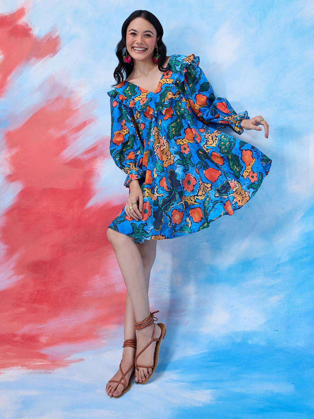 20Dresses Happi Space Women Floral Printed Pure Cotton Fit & Flare Mini Dress