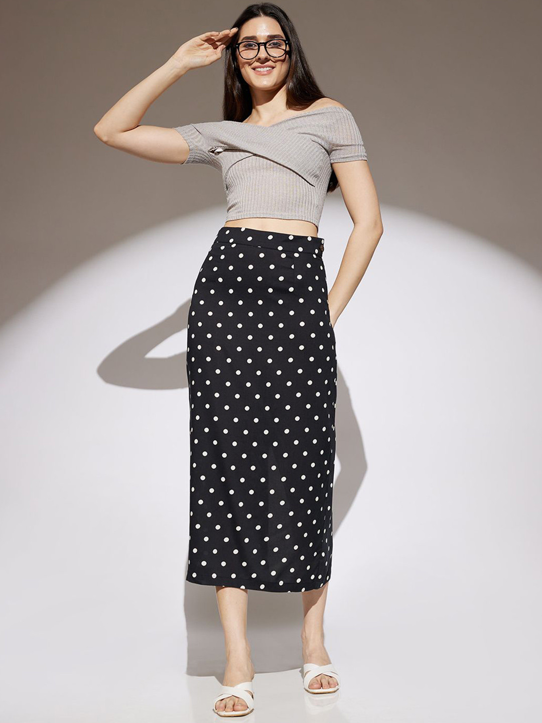 Globus Polka Dot Print Midi Rise Back Slit Pencil Midi Skirt