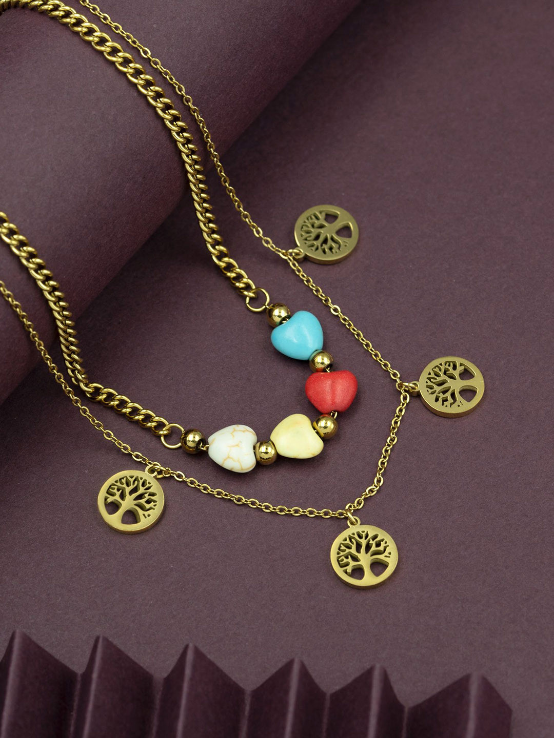 ARTKLIM Stainless Steel Gold-Plated Beaded Tree Of Life & Heart Minimal Layered Chain