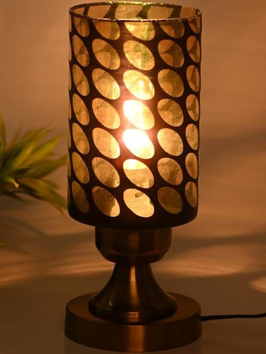 SOMIL Black And Gold Printed Glass Cylindrical Shaped Table Lamp