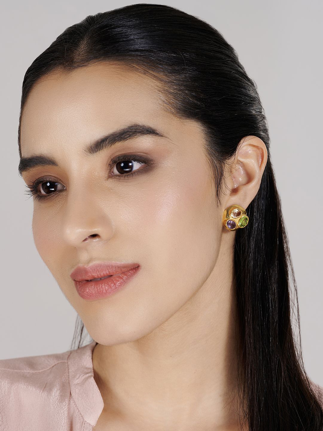 Stone Story By Shruti 925 Sterling Silver Gold-Plated Amethyst Studded Circular Studs