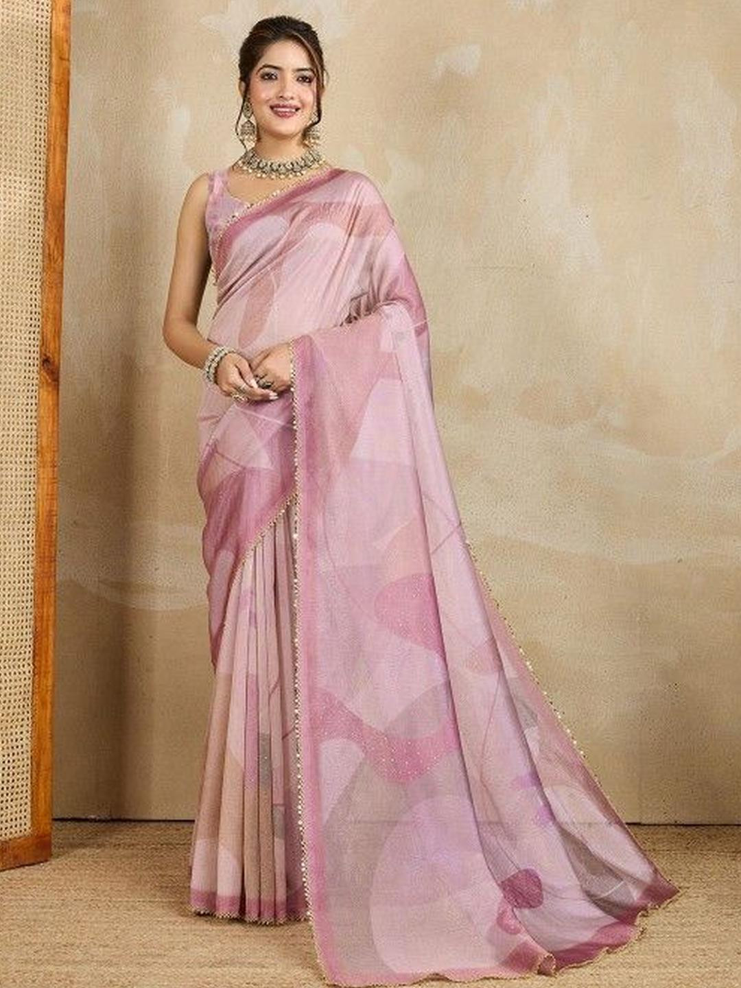 KARAGIRI Geometric Printed Embellished Mukaish Tissue Saree
