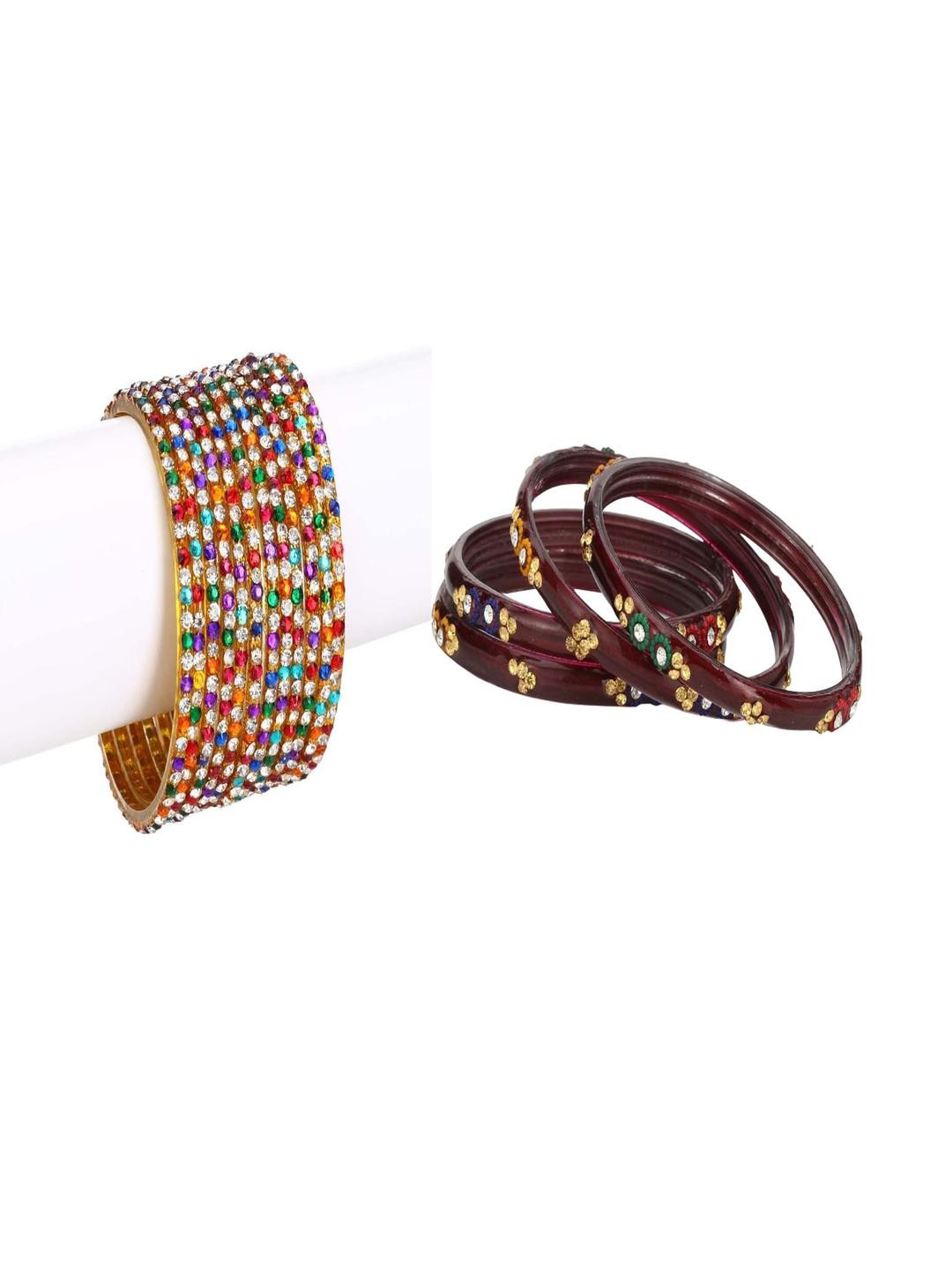 SOMIL Set Of 16 Artificial Stones and Beads Hand Decorated Glass Bangles