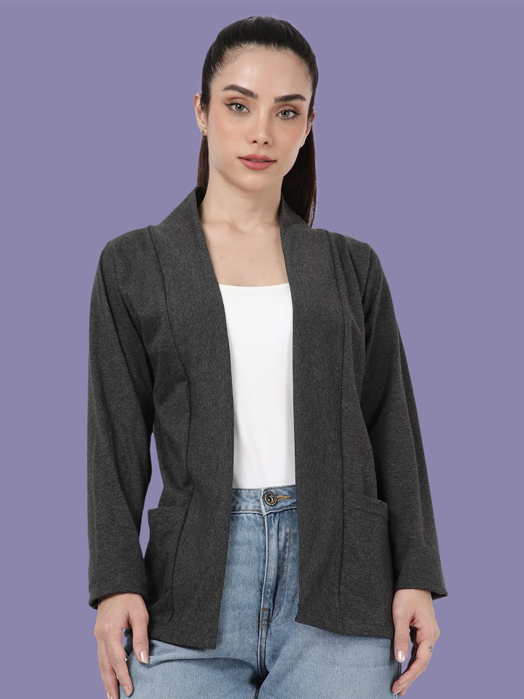 Kryptic Notch Lapel Collar Front Open Full Sleeve Pure Cotton Shrug