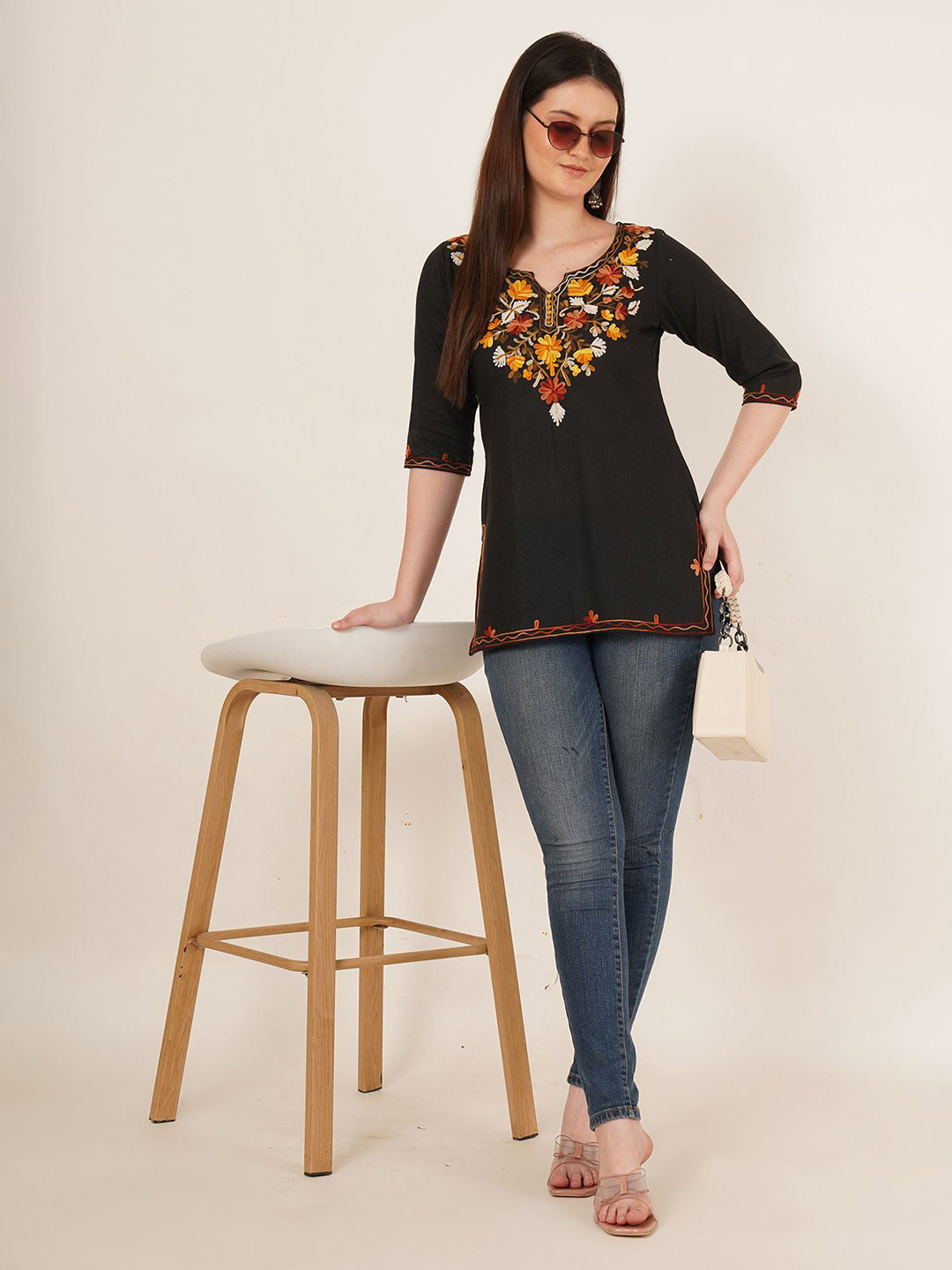 Brownverse Floral Yoke Design Round Neck Thread Work Cotton Kurti