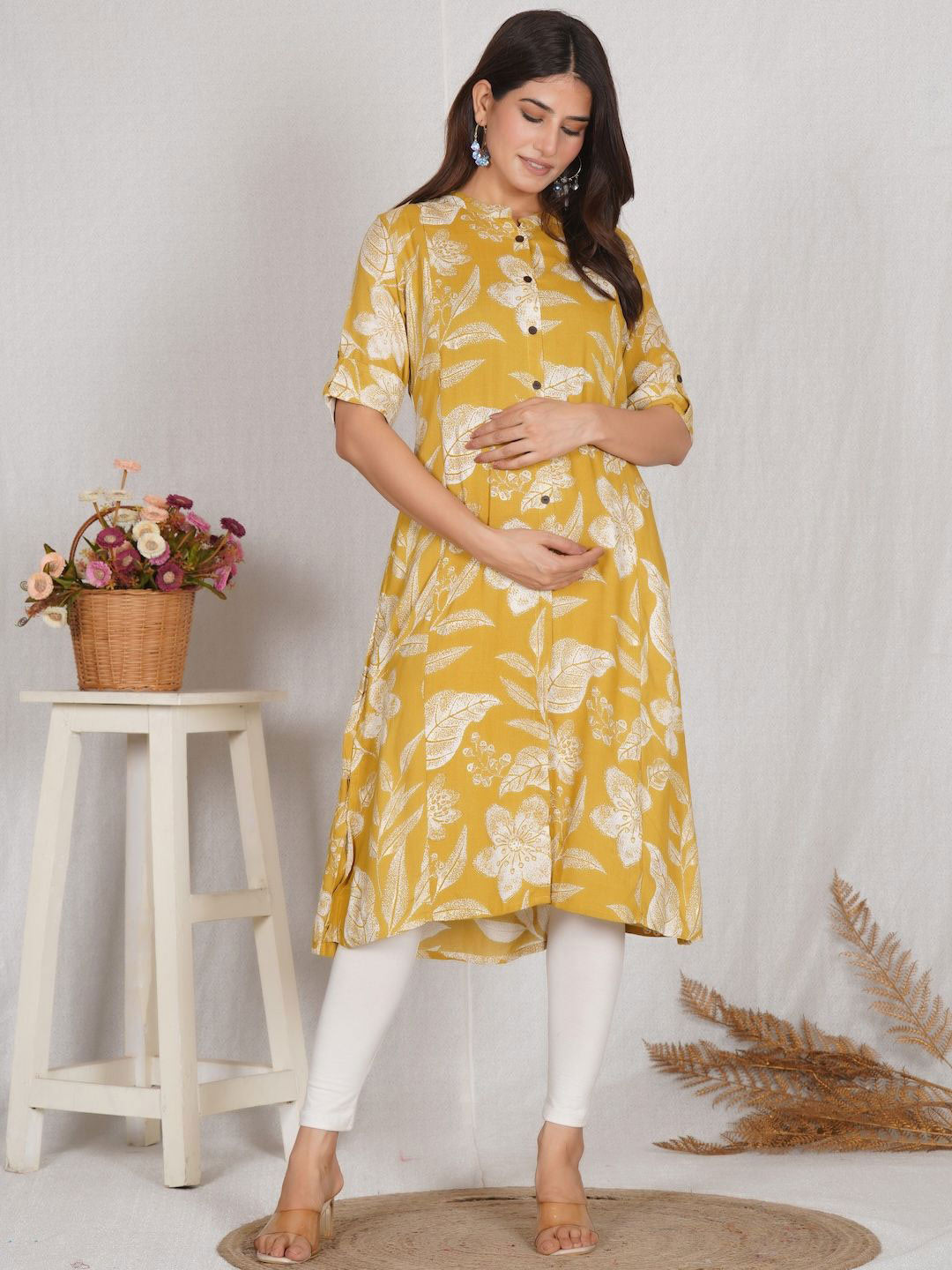 MomsBae Women Floral Printed Maternity Cotton A-Line Kurta