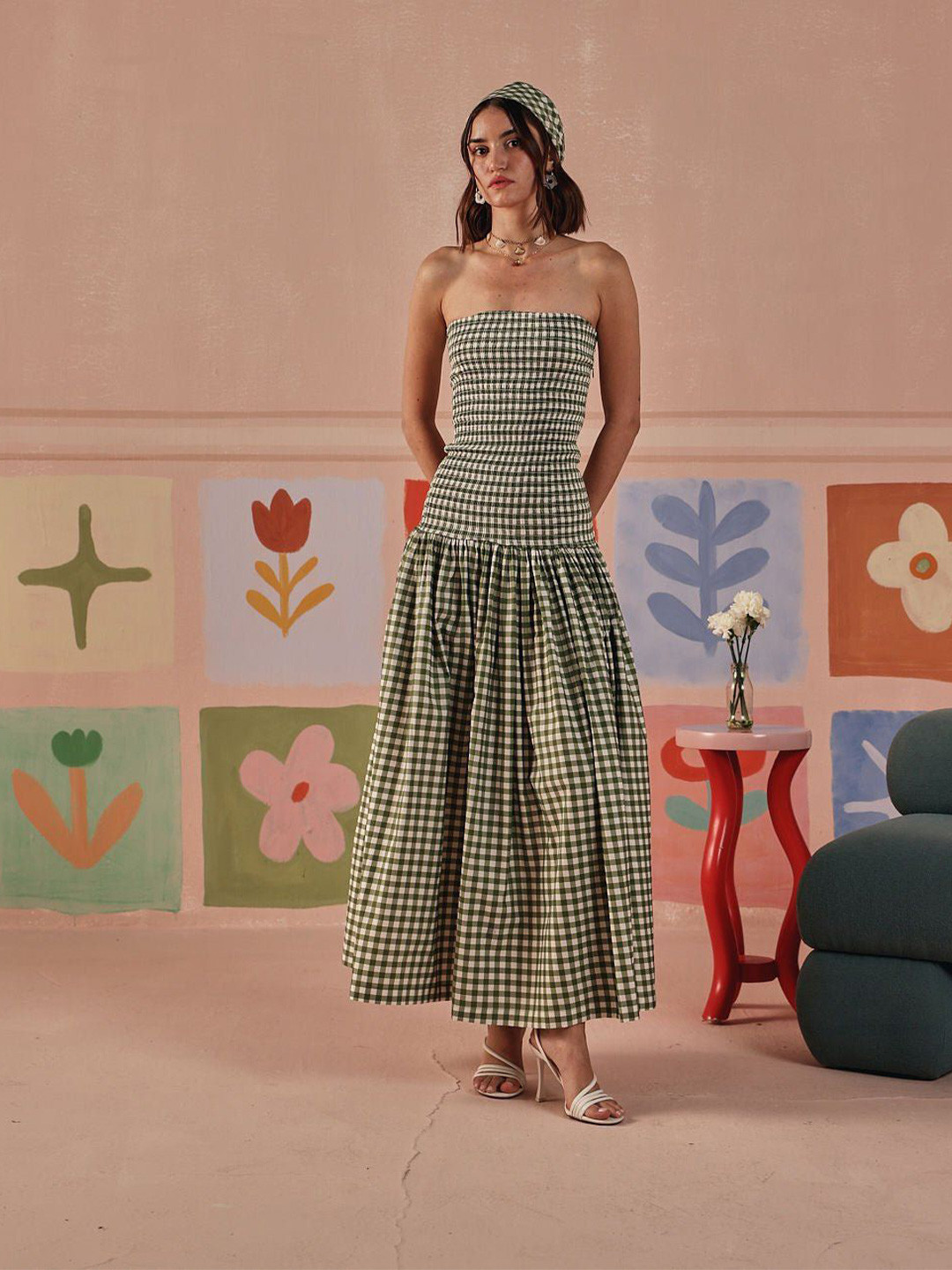 Sage by Mala Olea Checked Fit & Flare Cotton Maxi Dress With Scarf