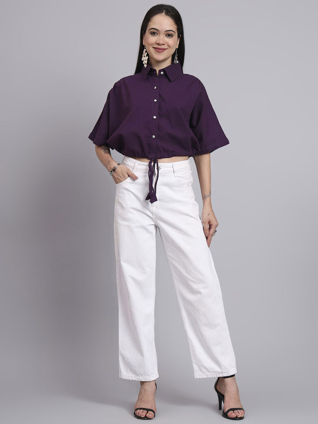 Loomfresh Plum Pop Cotton Drawstring Shirt Style Crop Top