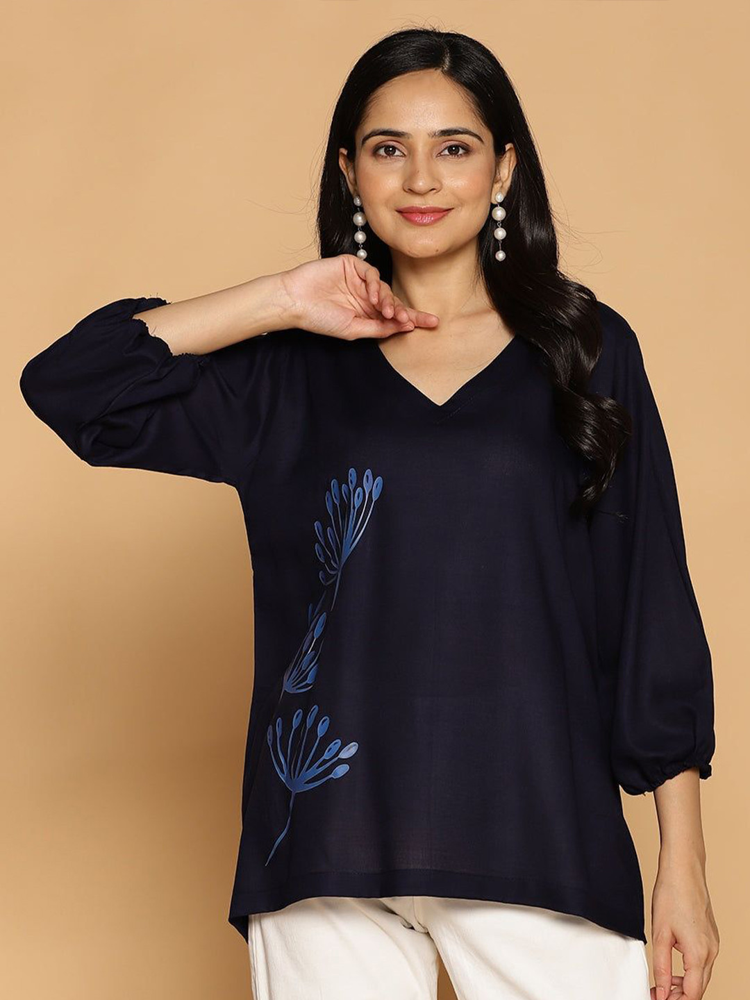 LetsDressUp Women Navy Petal Whisper Rayon Top
