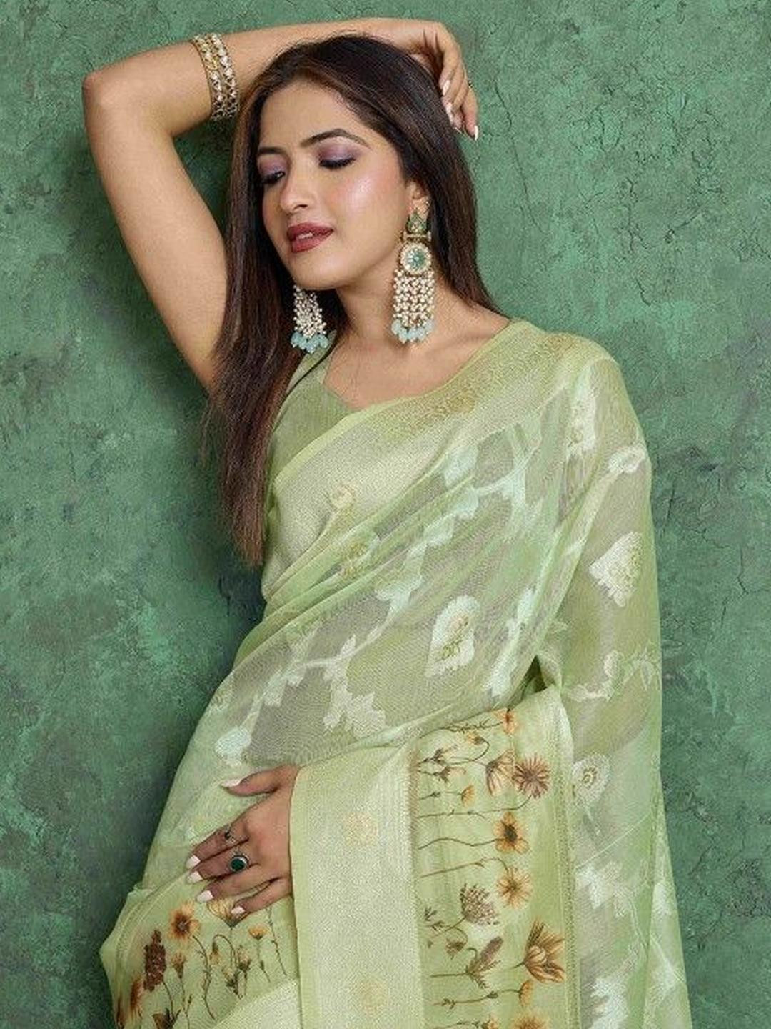 KARAGIRI Mint Green Pure Cotton Lucknowi Woven Printed Saree With Tassels