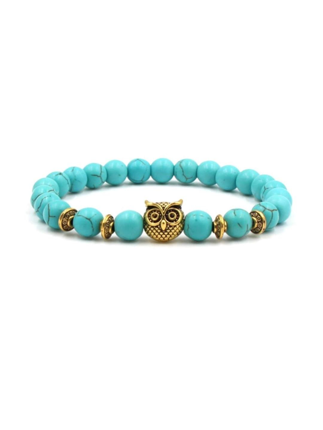 EDMIRIA Unisex Blue & Gold Owl Charms Wood Elasticated Slip-On Bracelet