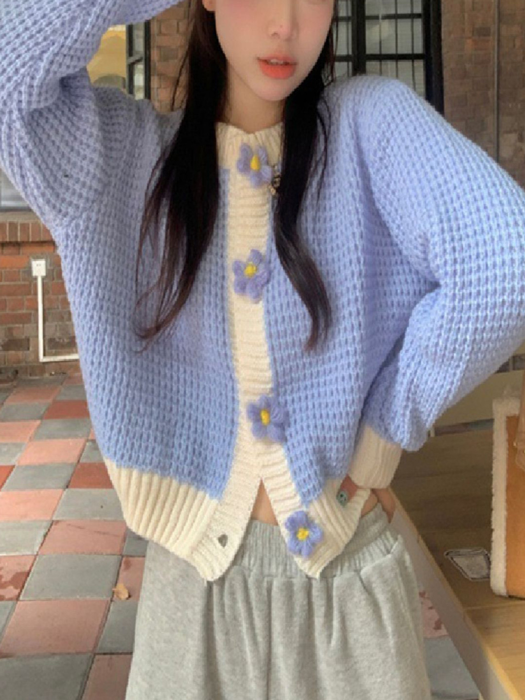 HERE&NOW Women Cable Knit Round Neck Cardigan With Flower Buttons