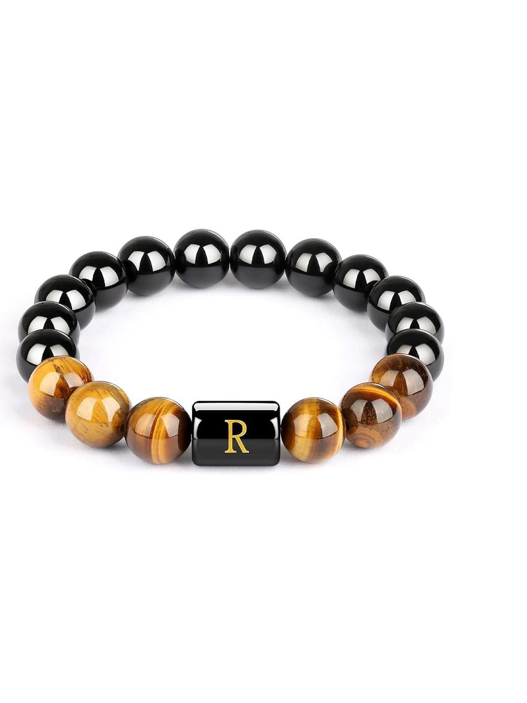 EDMIRIA Unisex Wood Obsidian Initials Bracelet