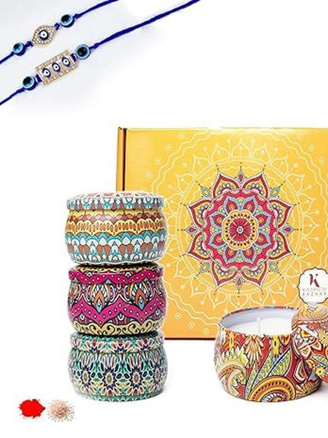 Kaameri Bazaar Set Of 7 Evil Eye Rakhi Scented Jar Candle Greeting Card & Roli Chawal