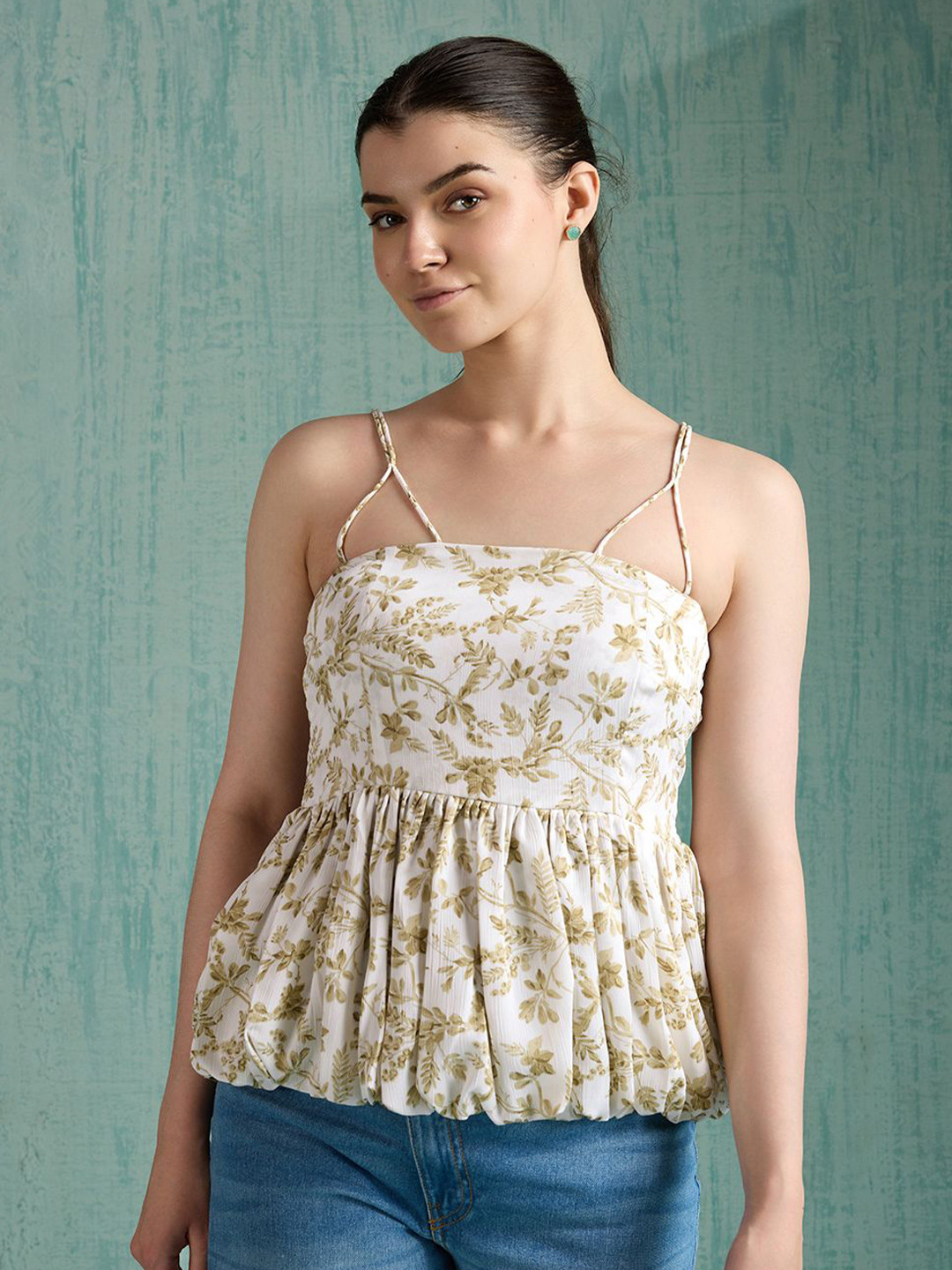 4WRD by Dressberry Floral Printed Bubble Hem Smocked Camisole Peplum Top