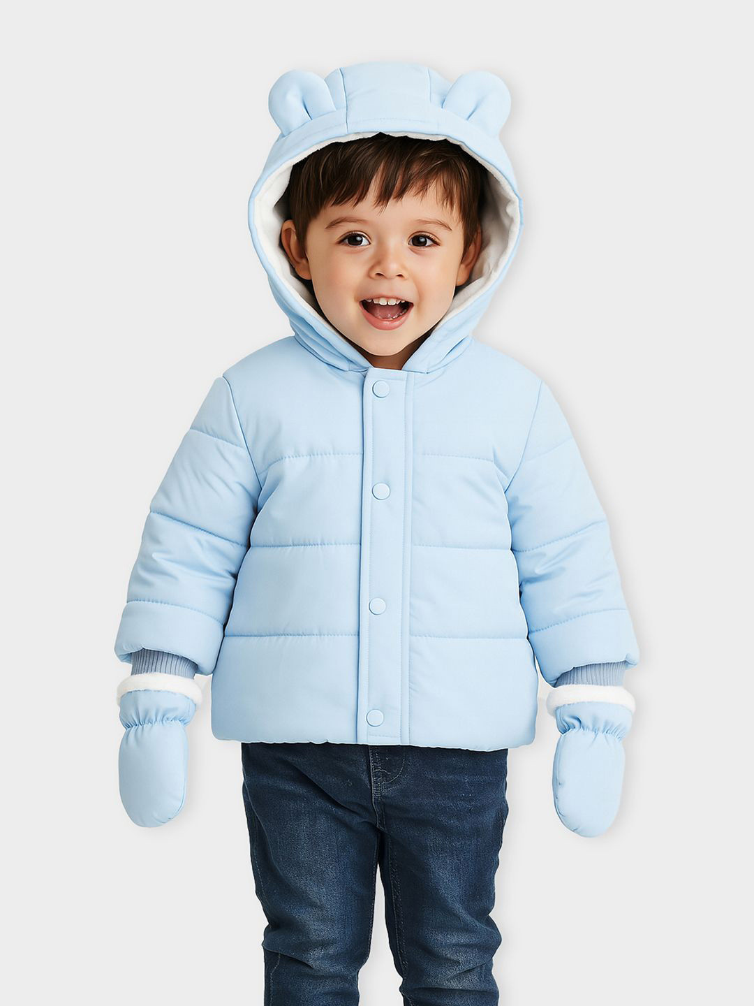 MiArcus Sky Blue Long Sleeves Solid Puffer Jacket with Mittens Set