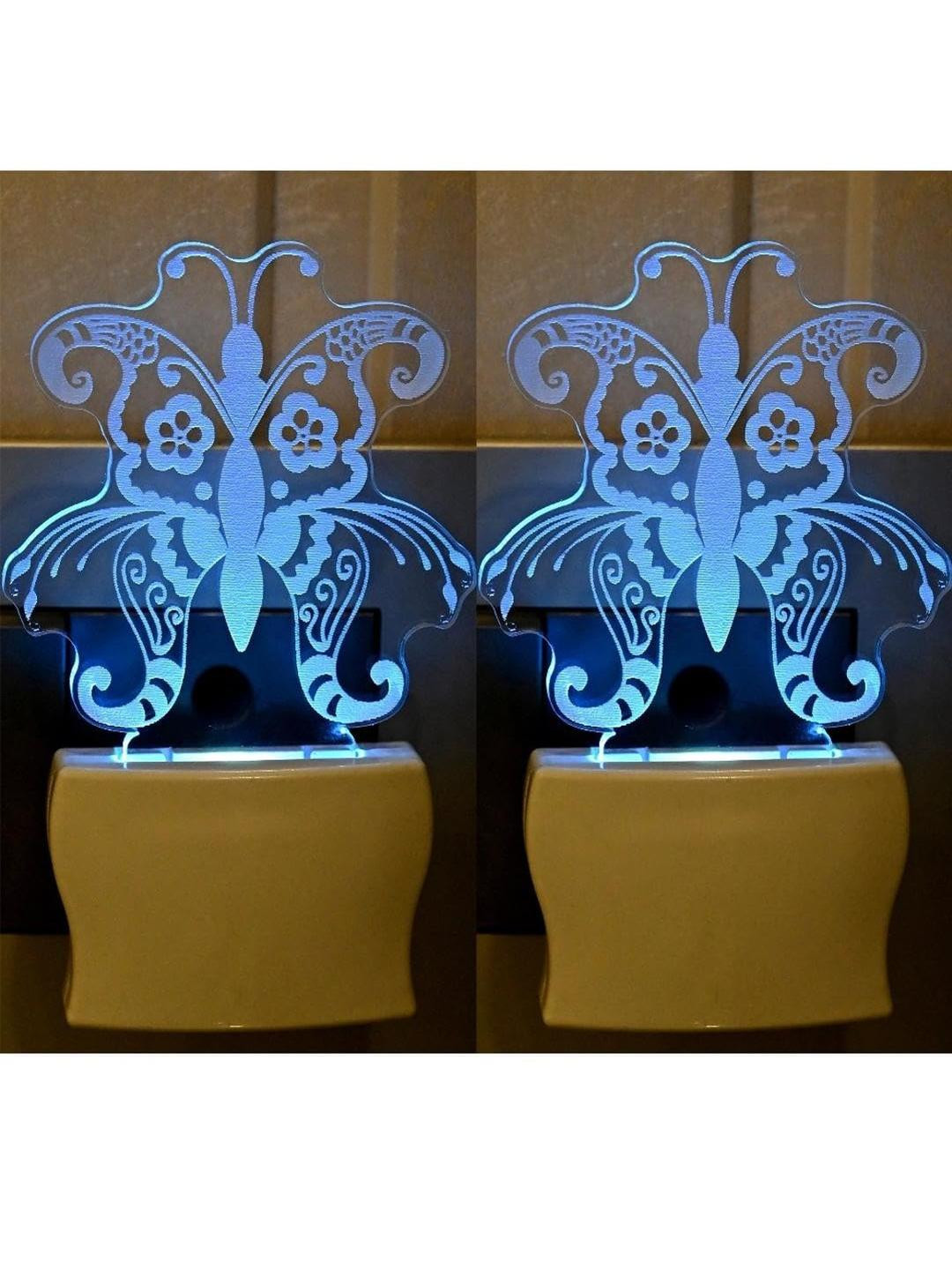SOMIL Green & Blue Pack Of 2 Acrylic Butterfly Printed Glass With LED Night Lamps
