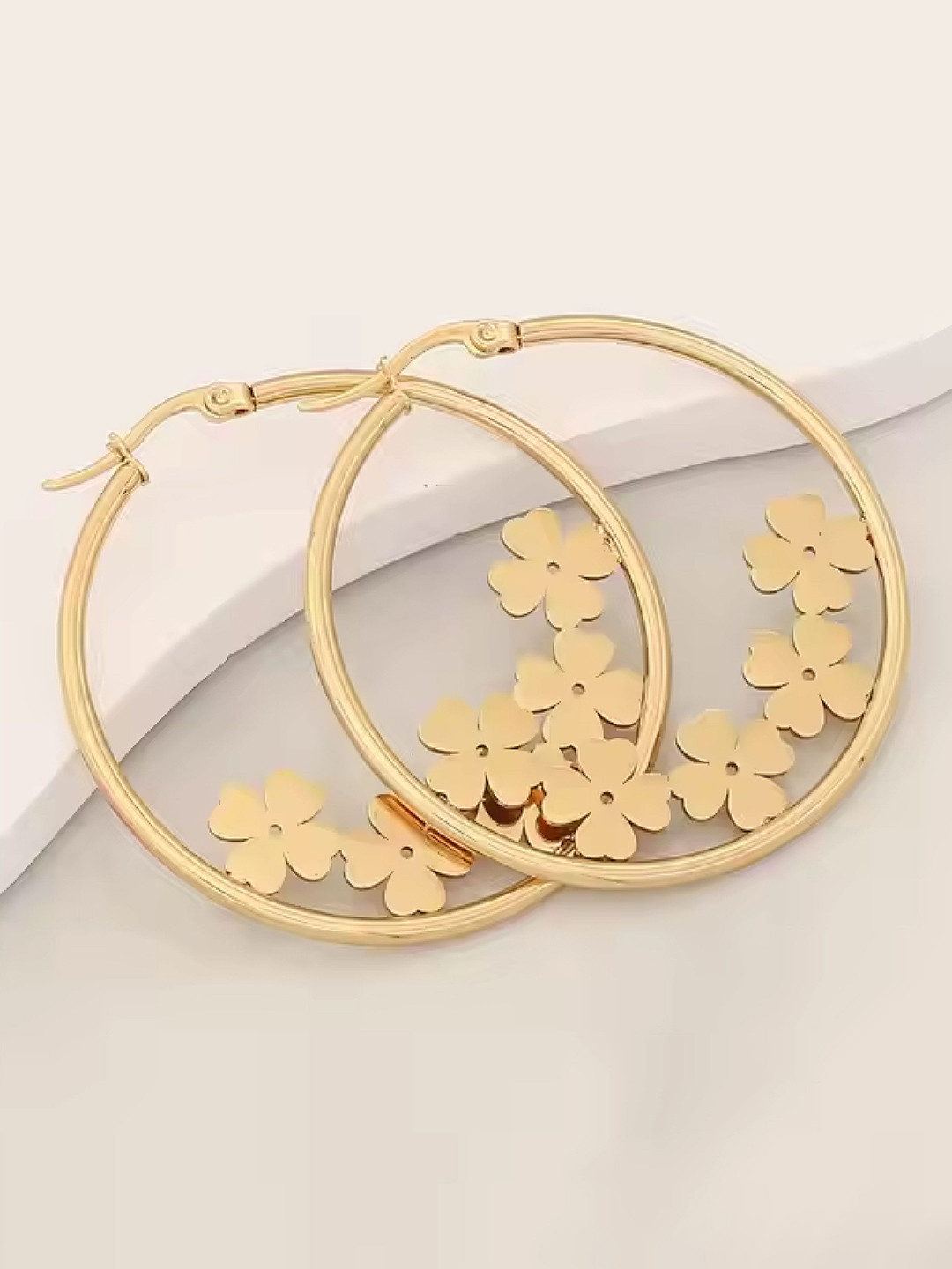 DKane Designs Stainless Steel Gold-Plated Circular Shaped Flower Hoop Earrings