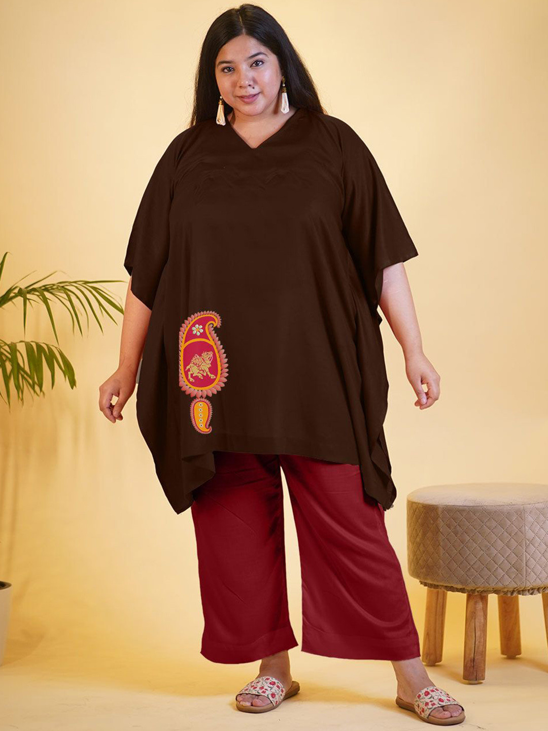 LetsDressUp Gul e Lalah Women Coffee Printed Kaftan Kurta & Maroon Palazzo  - XS