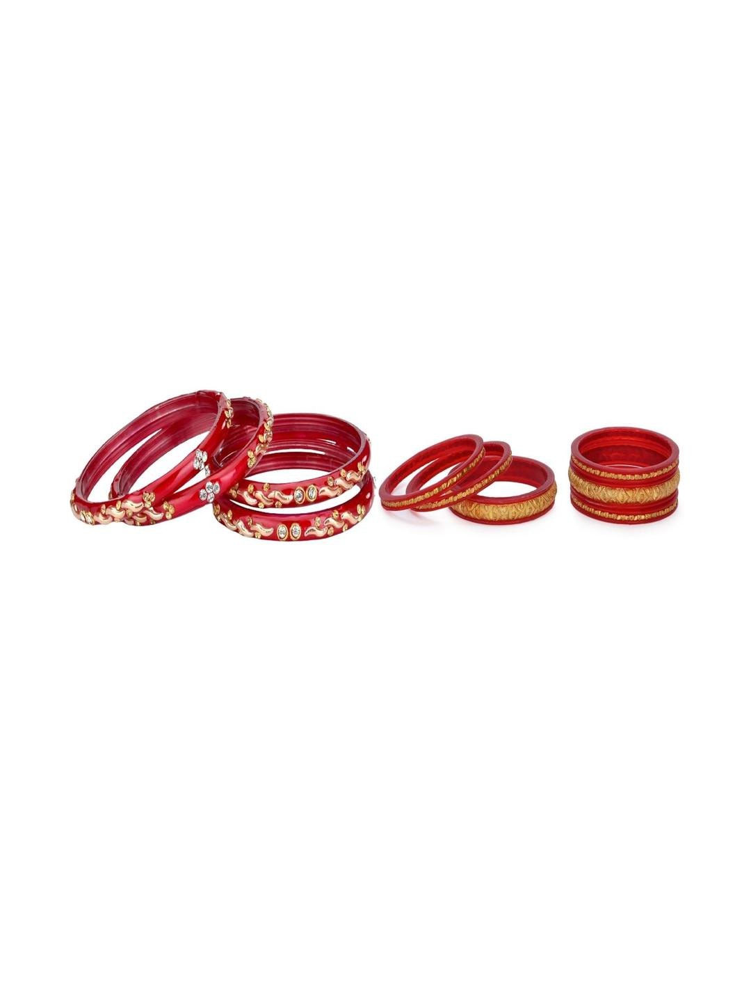 SOMIL Set Of 10 Red Artificial Stones and Beads Hand Decorated Antique Glass Bangles