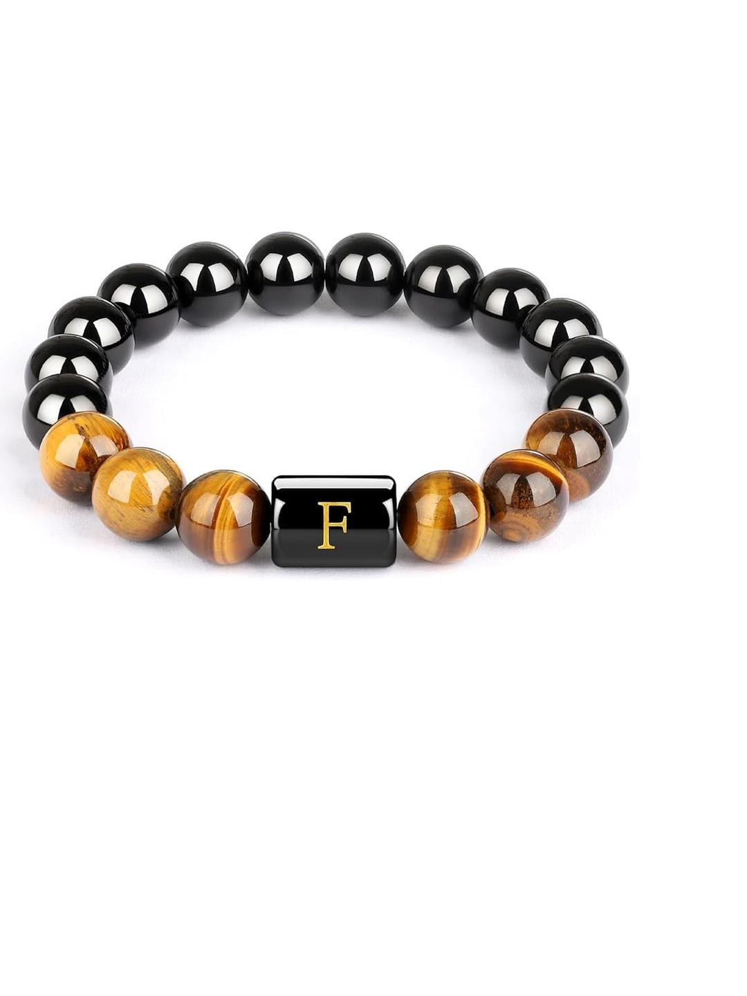 EDMIRIA Unisex Brown & Black Letter F Beaded Wood Elasticated Slip-On Bracelet