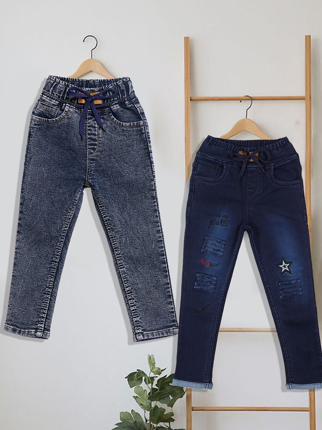 Killer Boys Pack of 2 Regular Fit Mid-Rise Low Distress Light Fade Embroidered Denim Jeans